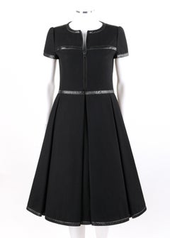 COURREGES c.1970's Hyperbole Black Short Sleeve Box Pleat Fit n Flare Tea Dress