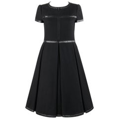 COURREGES c.1970's Hyperbole Black Short Sleeve Box Pleat Fit n Flare Tea Dress
