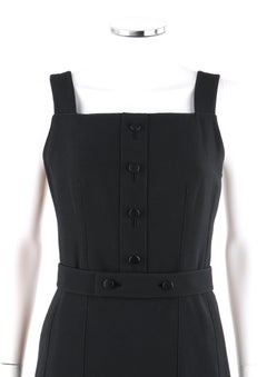 COURREGES ca. 1970er Hyperbole Schwarzes ärmelloses, ausgestelltes, ausgestelltes Midi-Teekleid mit Gürtel