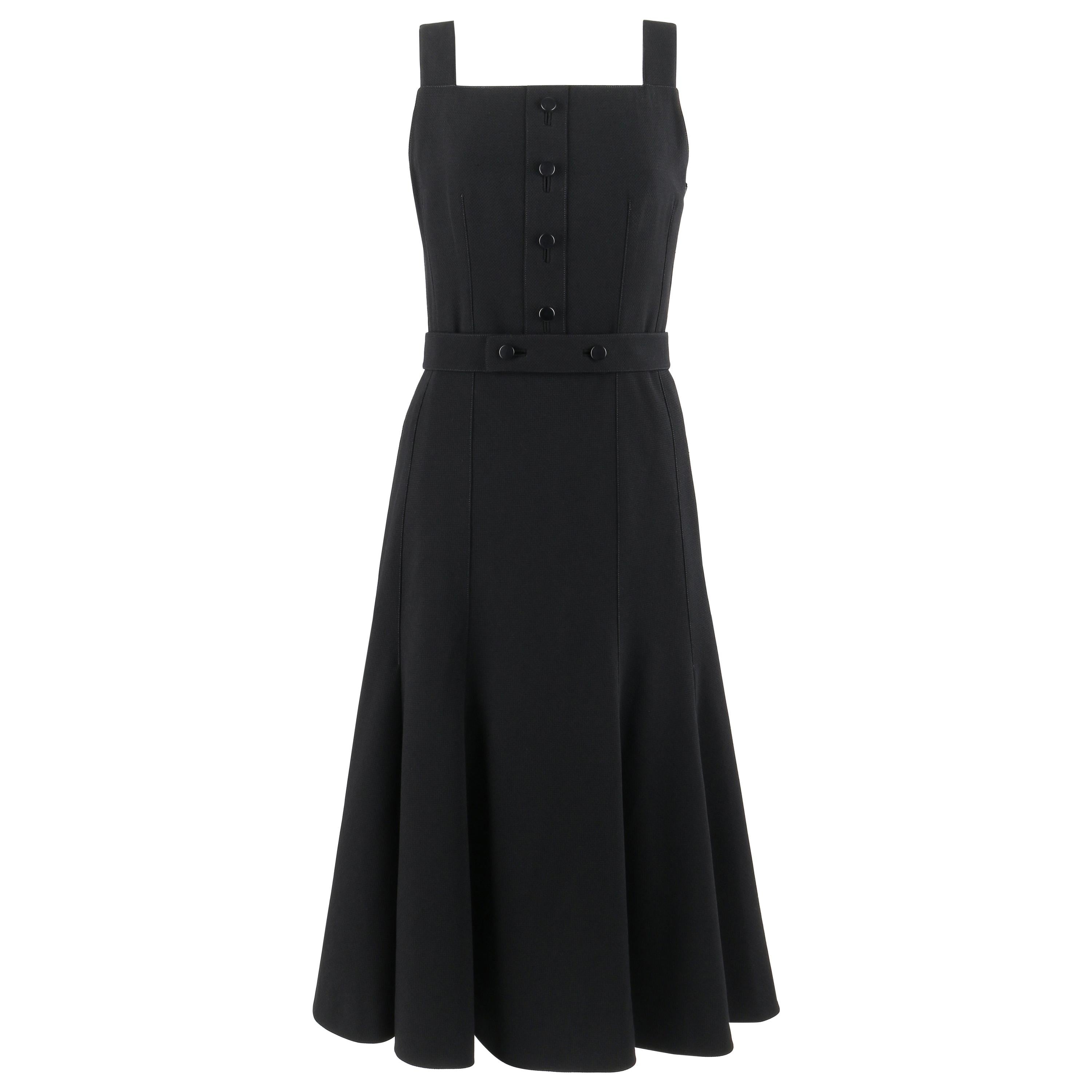 COURREGES c.1970's Hyperbole Black Sleeveless Belted Fit Flare Midi Tea Dress For Sale