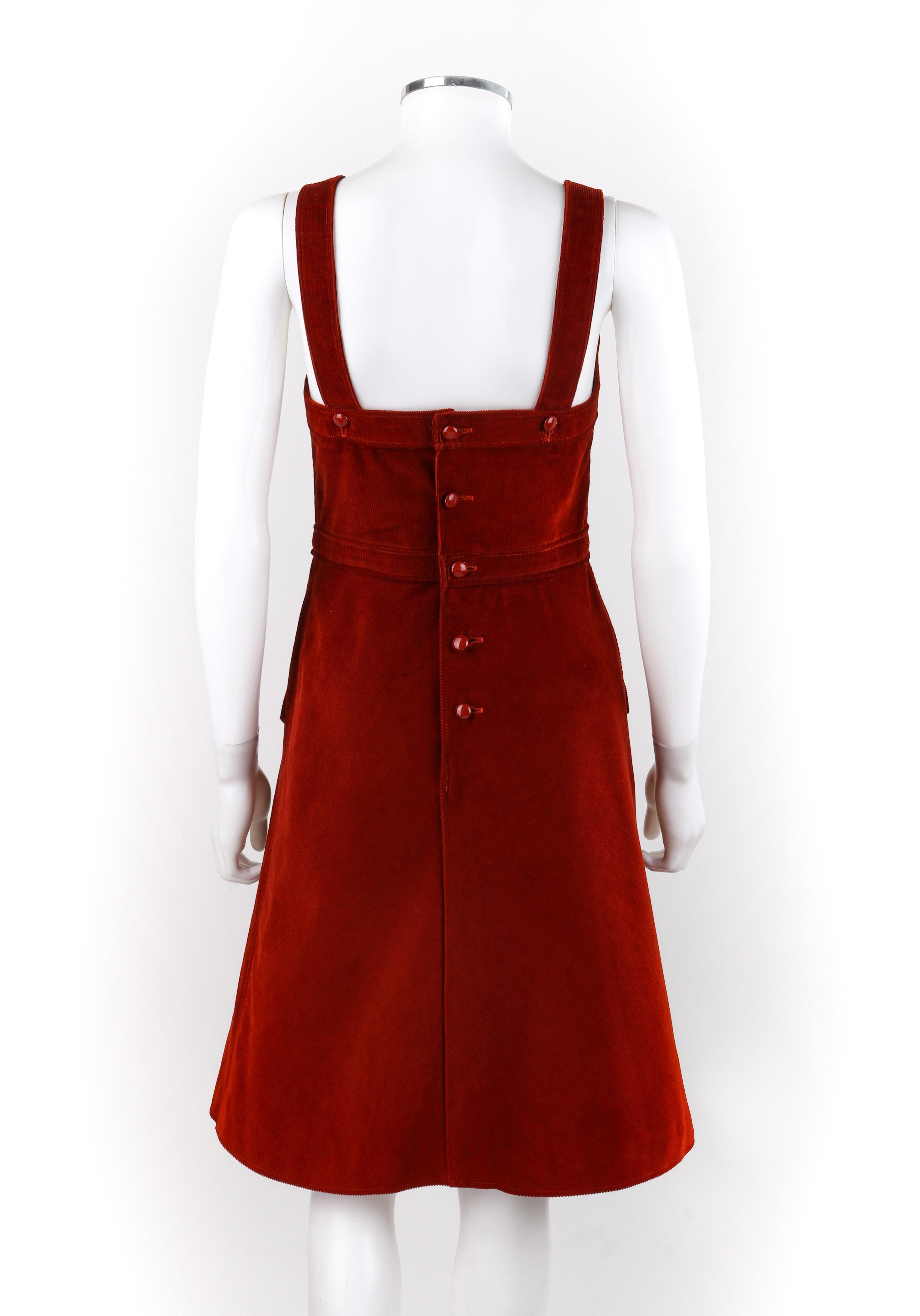COURREGES c.1970's Hyperbole Blood Red Corduroy Sleeveless A-Line Jumper Dress In Good Condition For Sale In Thiensville, WI