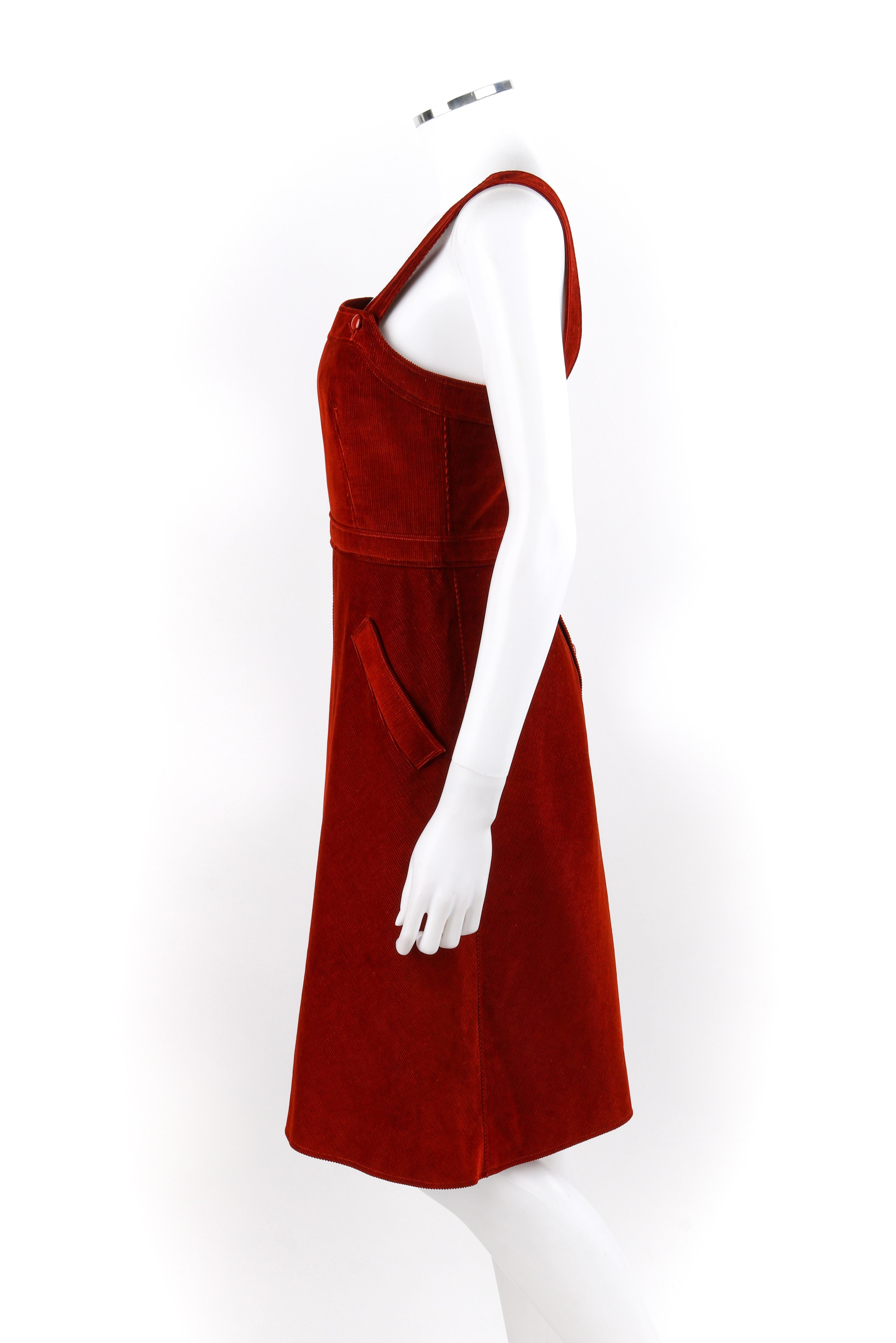Women's COURREGES c.1970's Hyperbole Blood Red Corduroy Sleeveless A-Line Jumper Dress For Sale