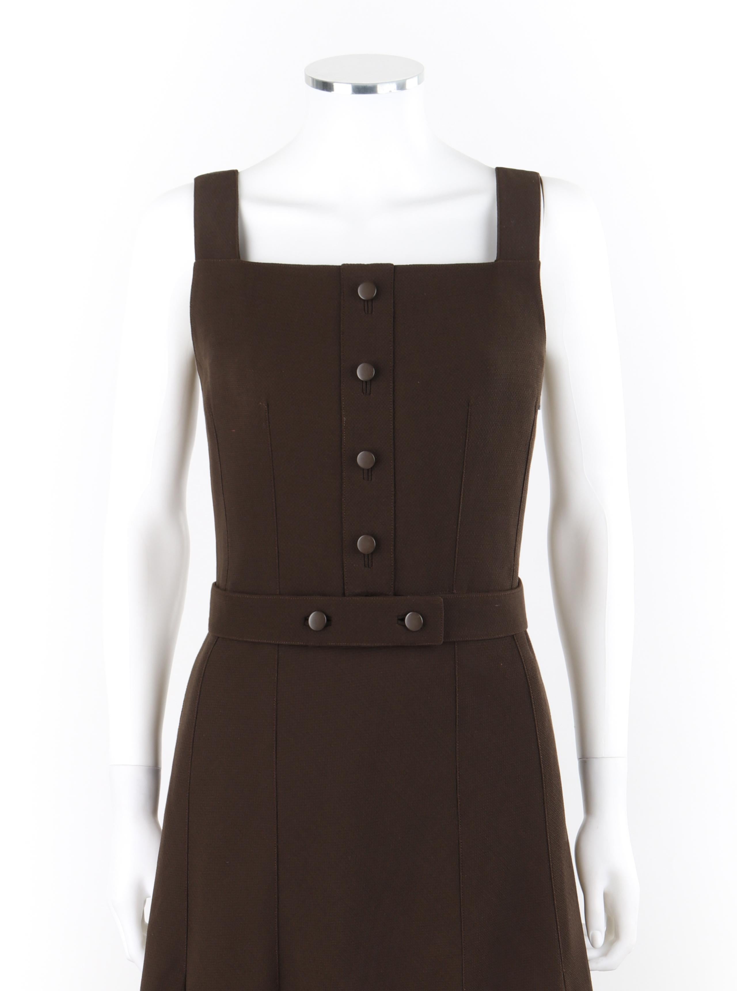 COURREGES c.1970s Hyperbole Brown Wool Sleeveless Button-Down Fit & Flare Dress In Fair Condition For Sale In Thiensville, WI