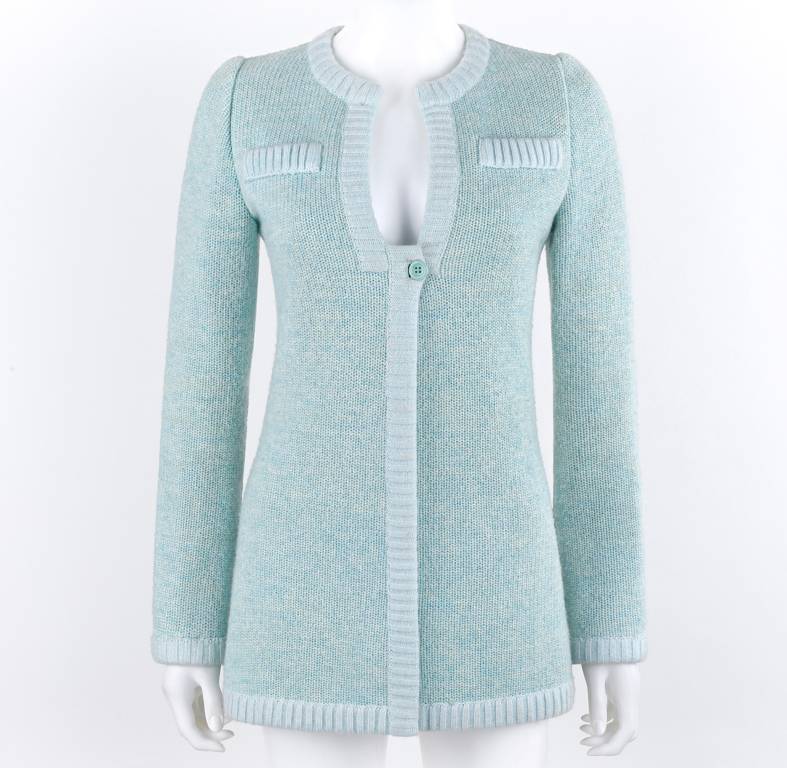 COURREGES c.1970's Hyperbole Mint Blue Knit V-Neck Long Sleeve Cardigan  Sweater