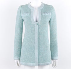 COURREGES c.1970's Hyperbole Mint Blue Knit V-Neck Long Sleeve Cardigan Sweater