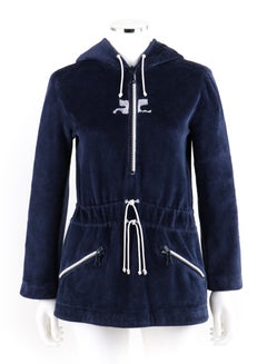 COURREGES c.1970's Hyperbole Navy Plush Half-Zip Sport Hoodie Sweatshirt