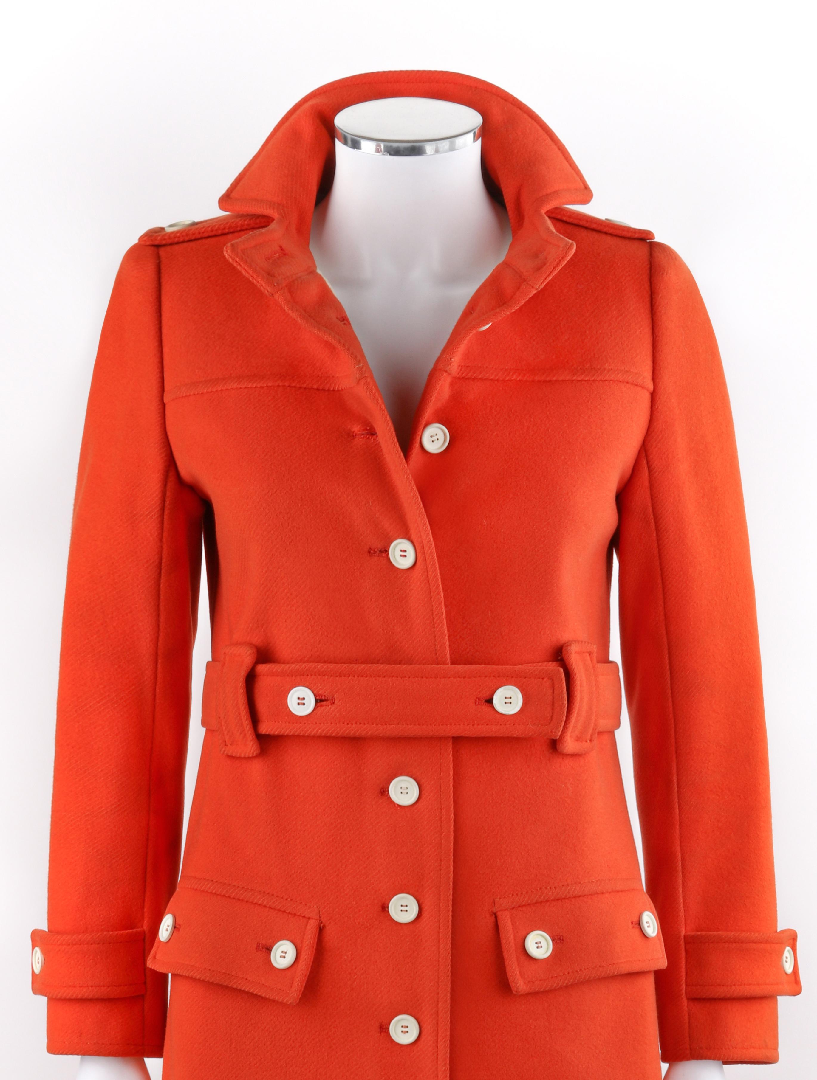 Red COURREGES c.1970’s Hyperbole Orange Belted Button Front Coat Overcoat Numbered For Sale