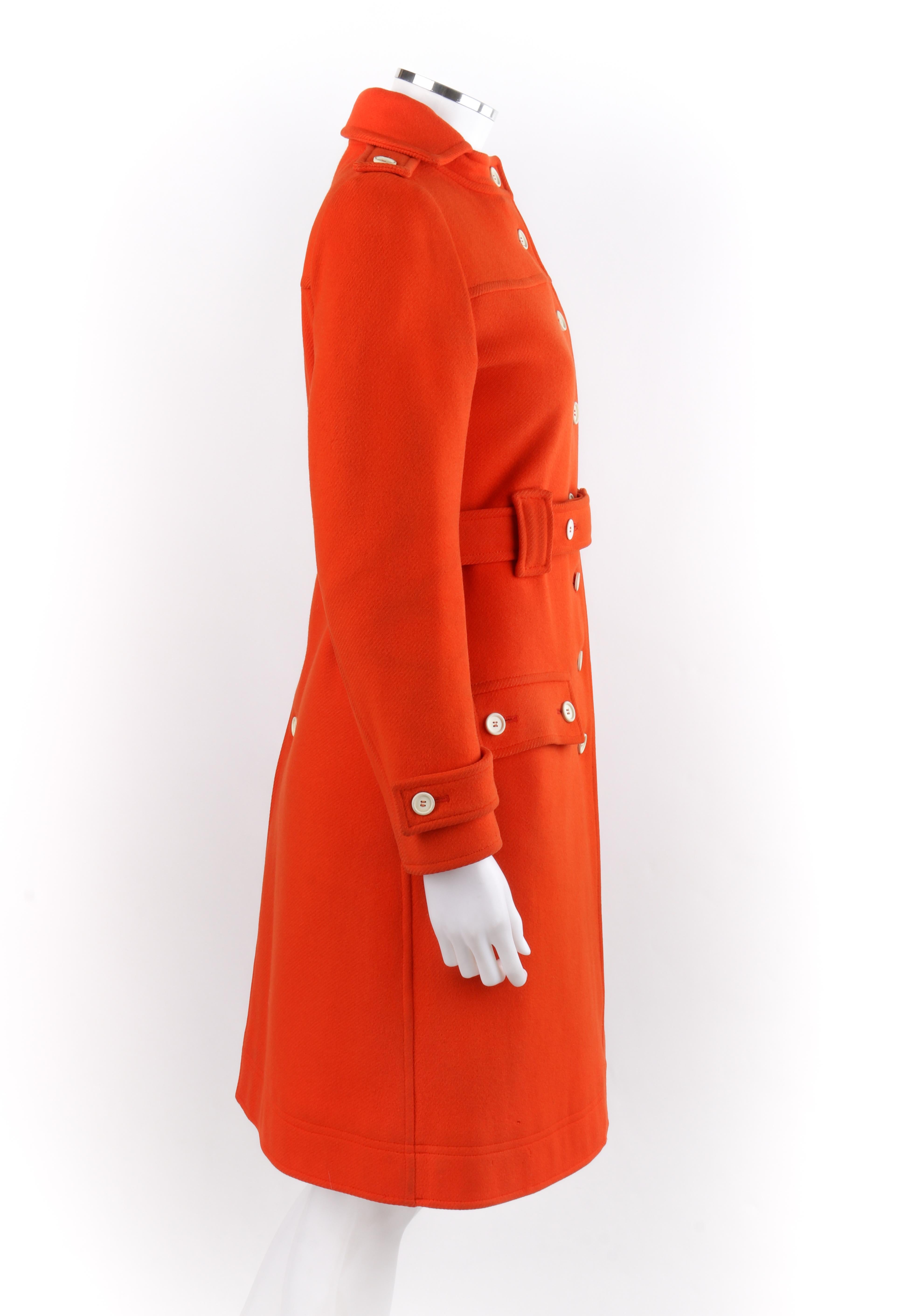 COURREGES c.1970’s Hyperbole Orange Belted Button Front Coat Overcoat Numbered In Fair Condition For Sale In Thiensville, WI