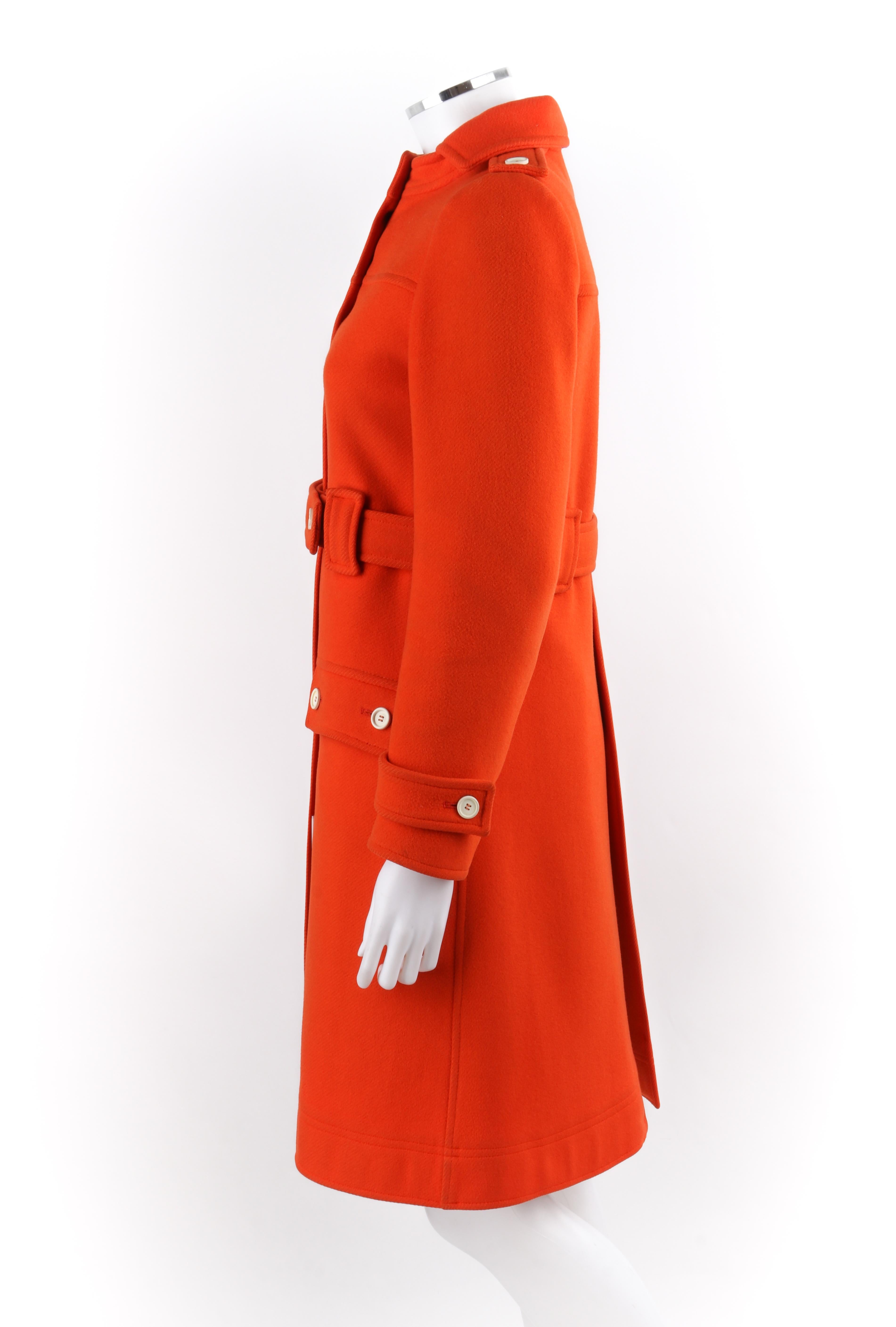 COURREGES c.1970’s Hyperbole Orange Belted Button Front Coat Overcoat Numbered For Sale 1