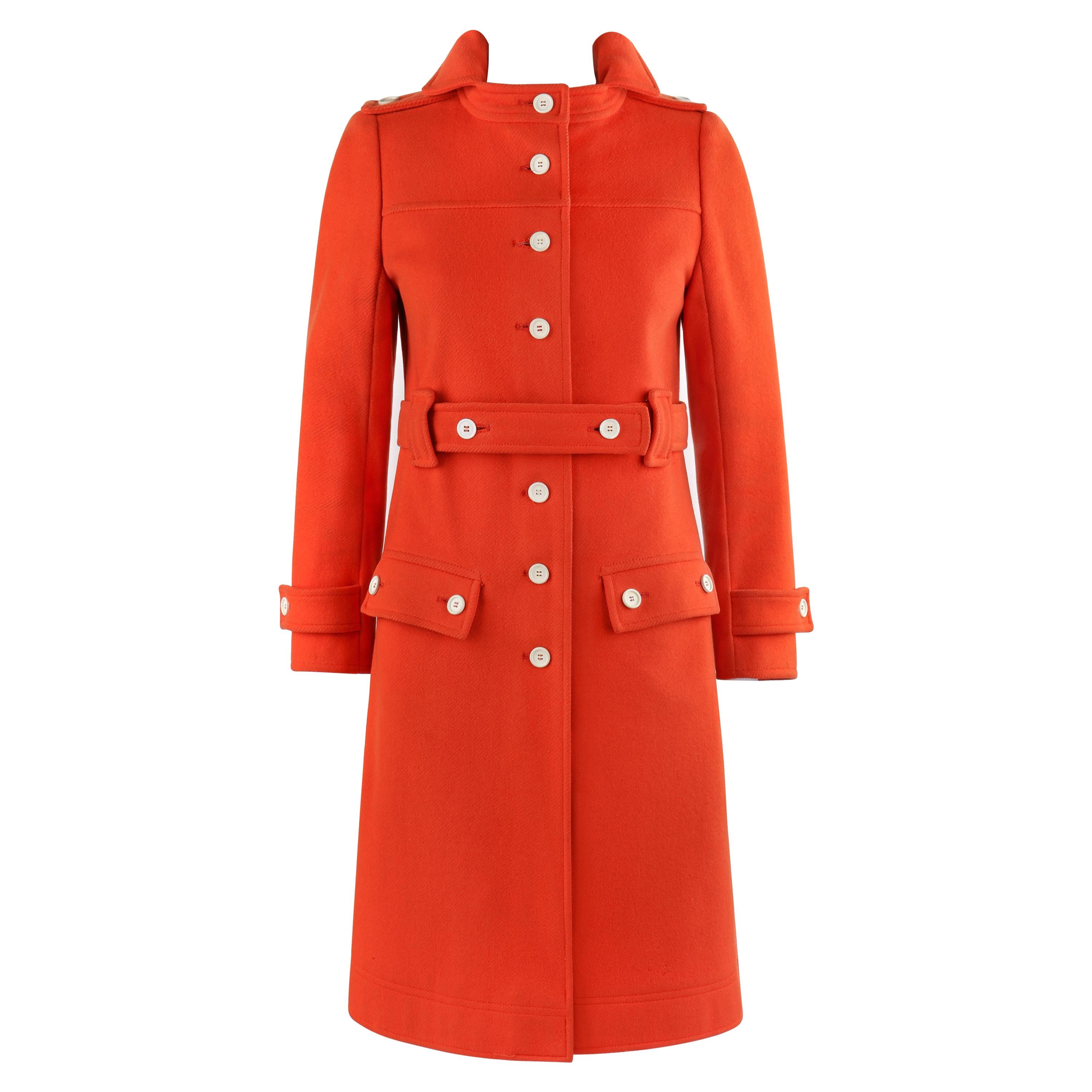 COURREGES c.1970’s Hyperbole Orange Belted Button Front Coat Overcoat Numbered For Sale