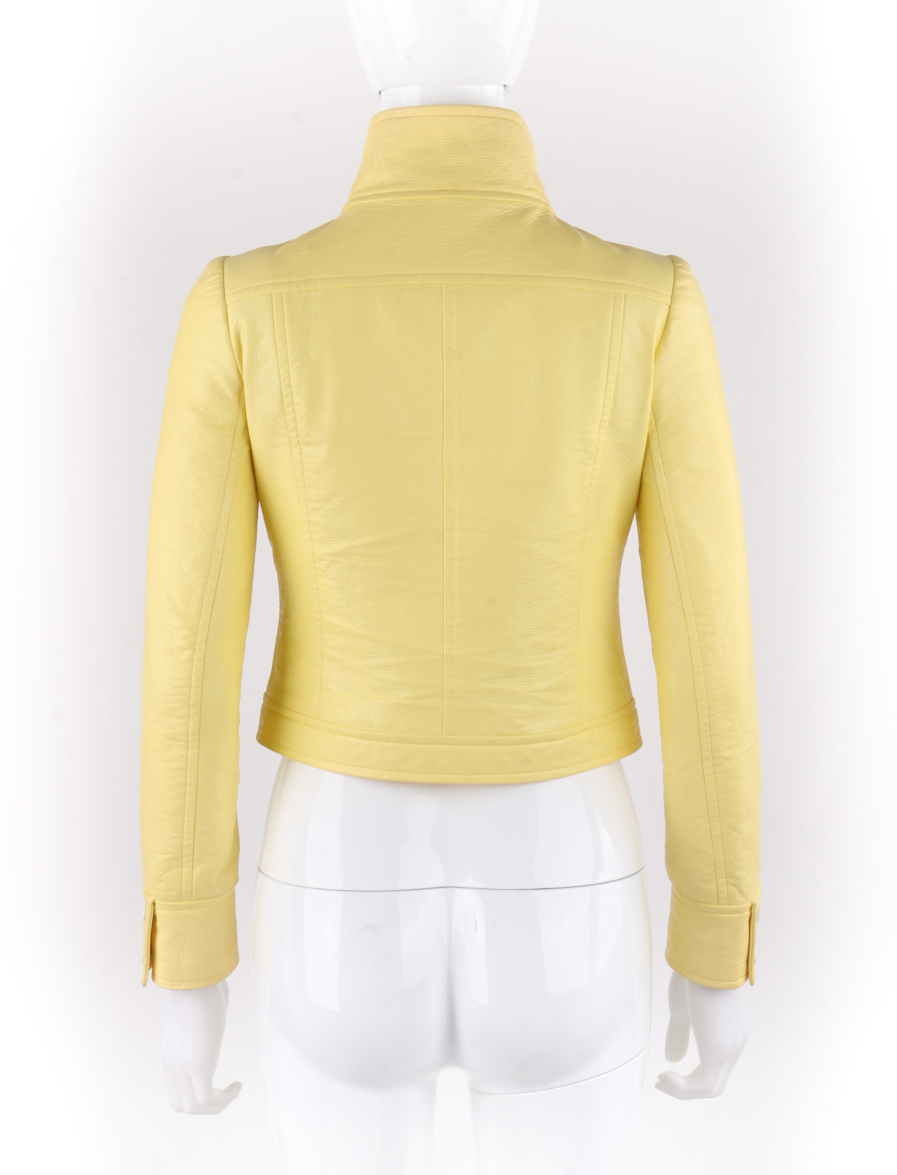 COURREGES c.1970's Icterine Yellow Vinyl Mod Signature Logo Cropped Jacket In Good Condition In Thiensville, WI