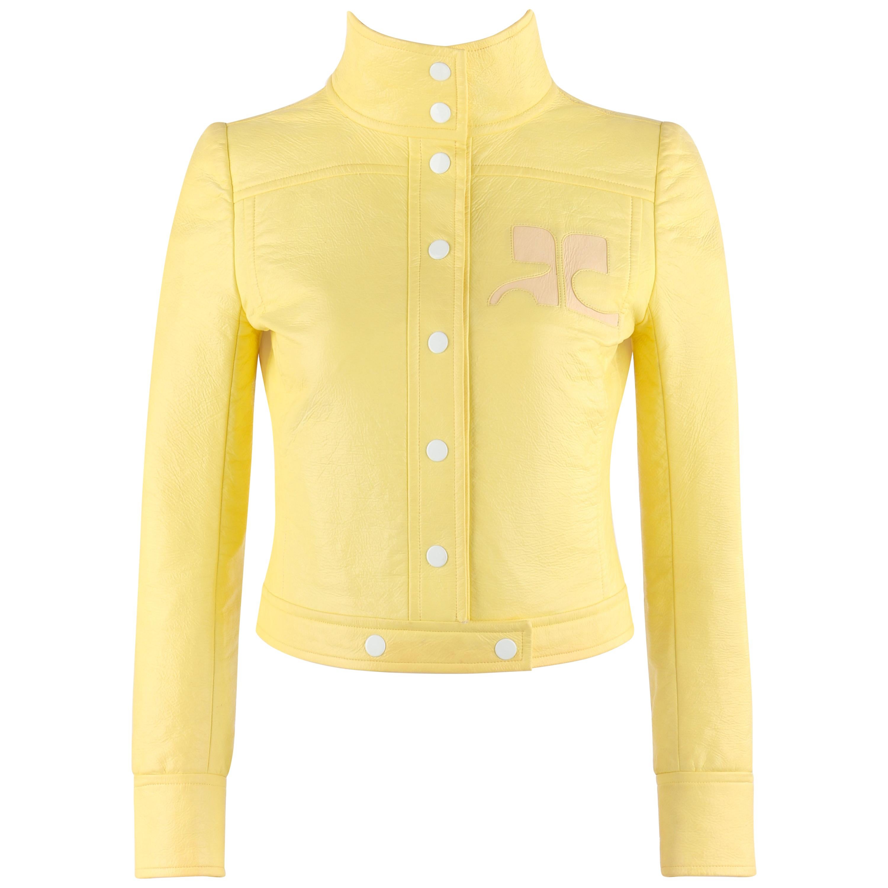 COURREGES c.1970's Icterine Yellow Vinyl Mod Signature Logo Cropped Jacket
