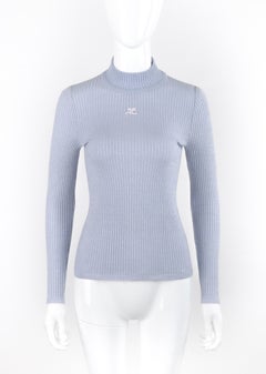 COURREGES c.1970's Light Blue Stretch Knit Mock Neck Long Sleeve Sweater Top