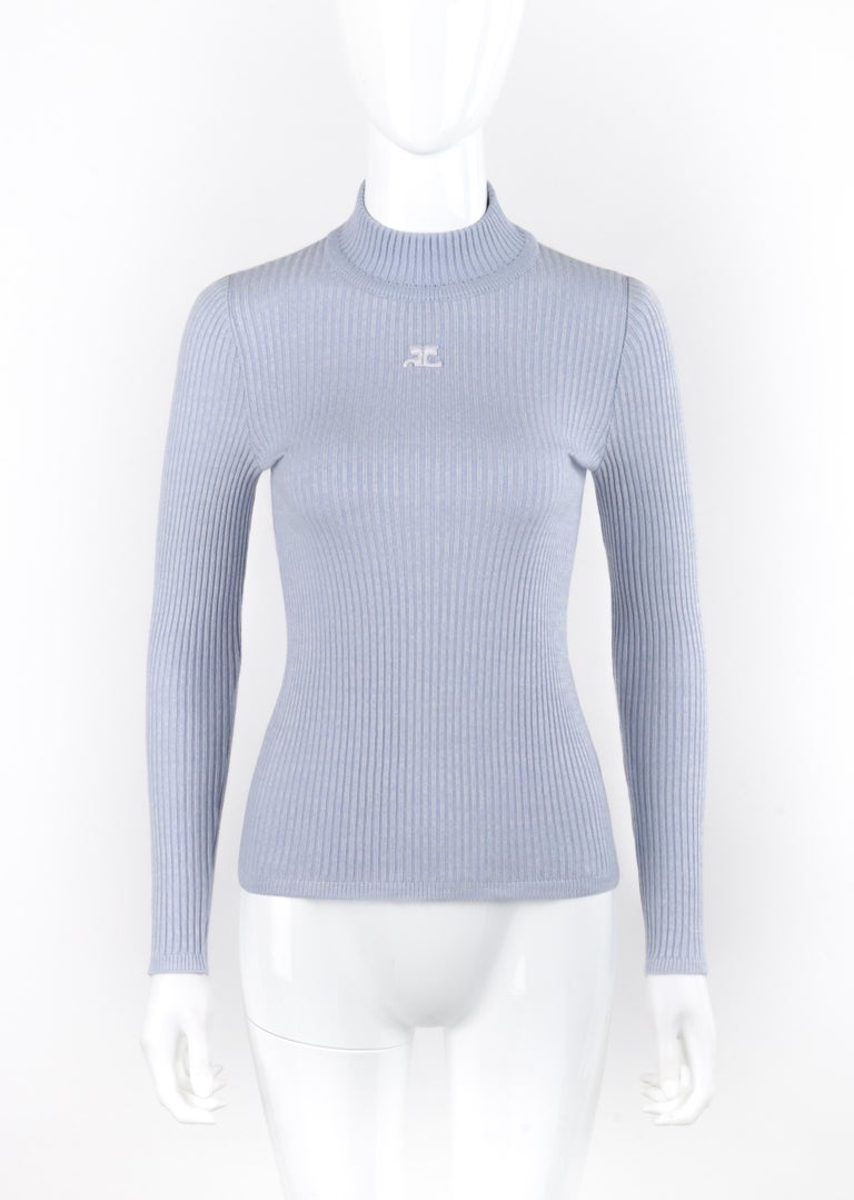COURREGES c.1970's Light Blue Stretch Knit Mock Neck Long Sleeve Sweater  Top For Sale at 1stDibs