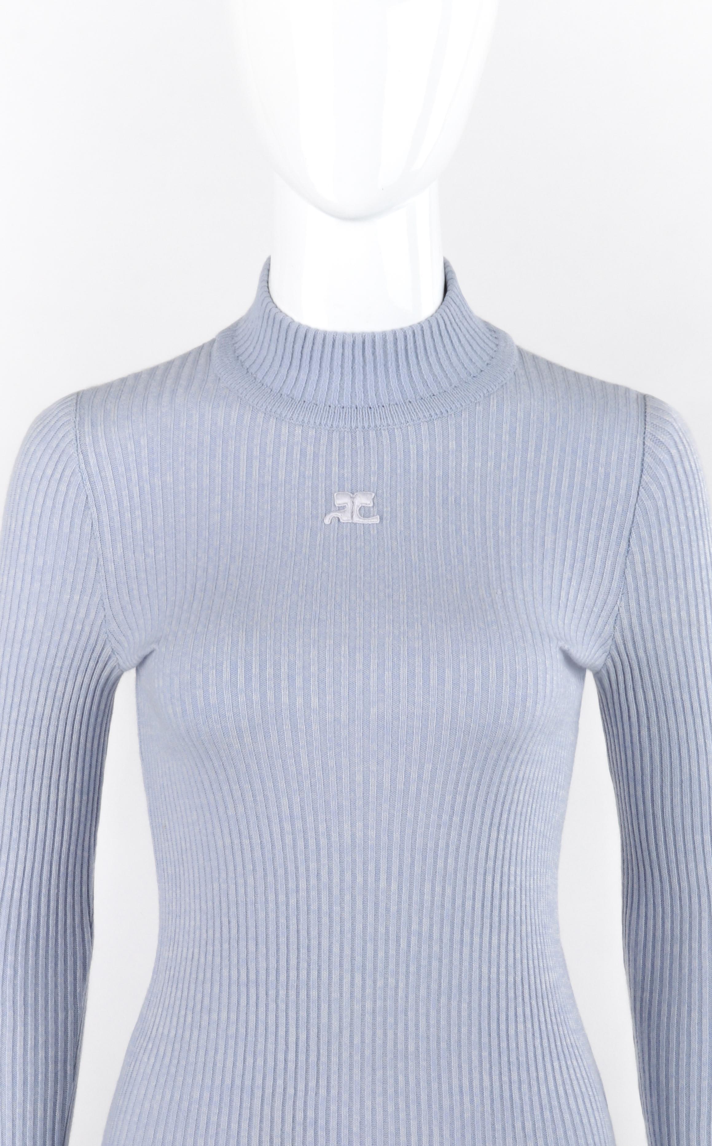 COURREGES c.1970's Light Blue Stretch Knit Mock Neck Long Sleeve Sweater Top  In Good Condition In Thiensville, WI