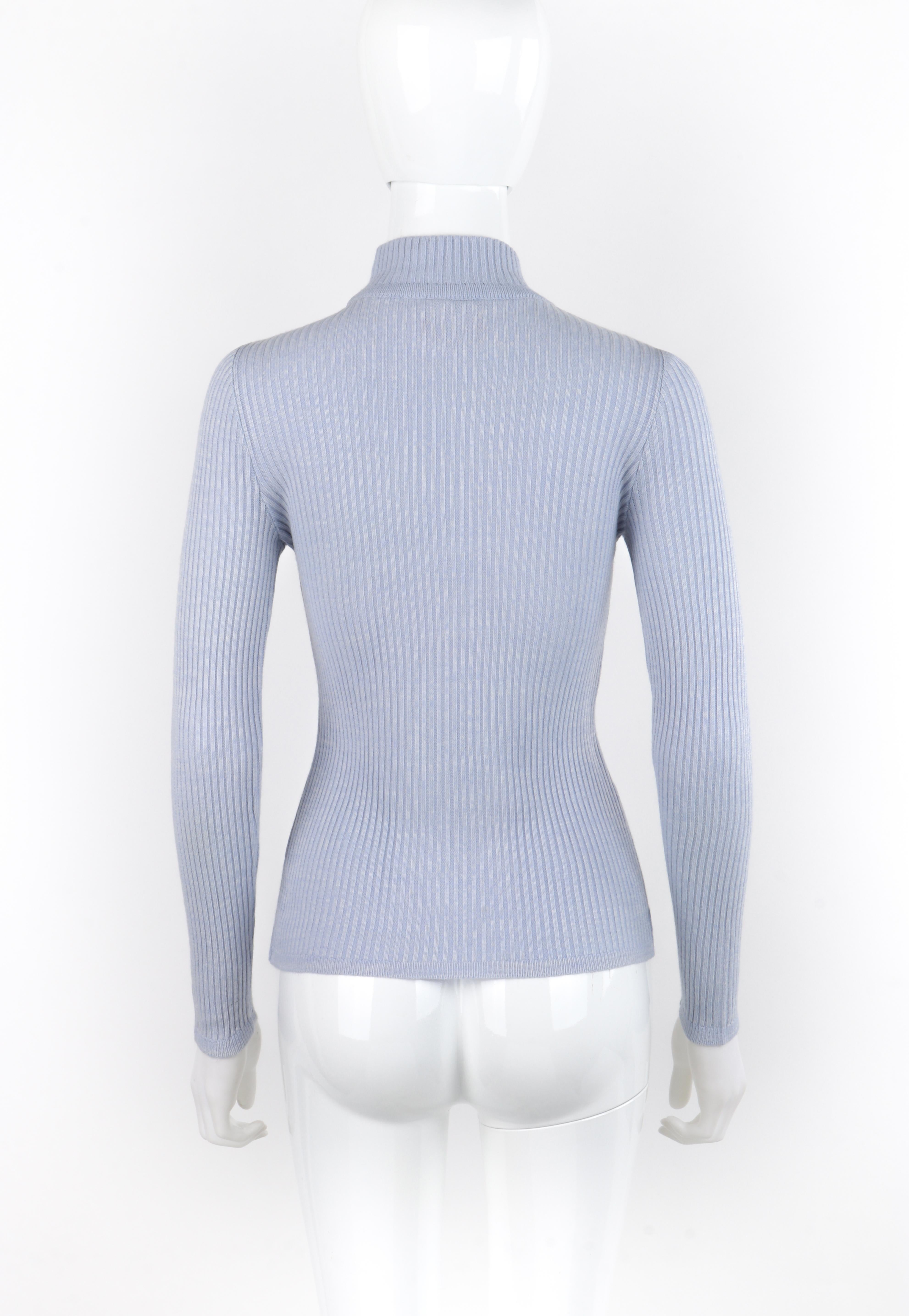 COURREGES c.1970's Light Blue Stretch Knit Mock Neck Long Sleeve Sweater Top  1