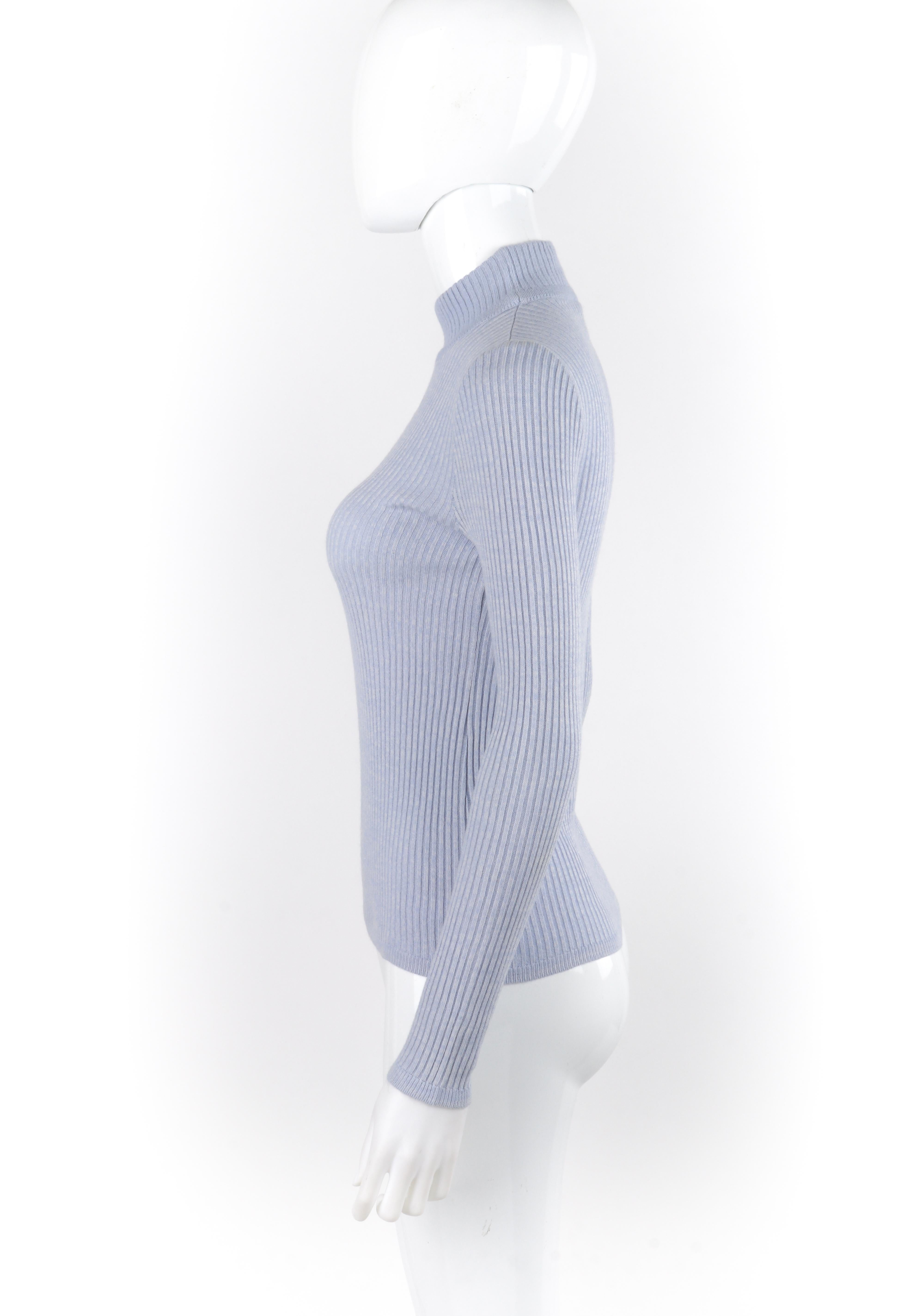 COURREGES c.1970's Light Blue Stretch Knit Mock Neck Long Sleeve Sweater Top  2