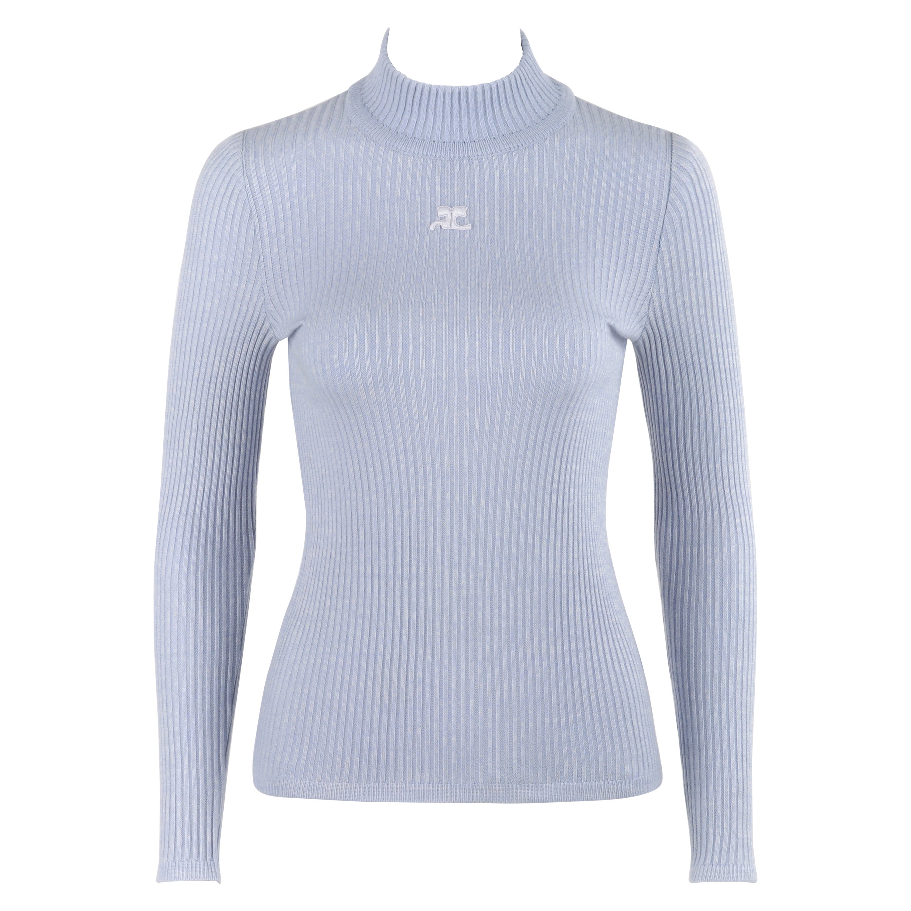 COURREGES c.1970's Light Blue Stretch Knit Mock Neck Long Sleeve Sweater Top