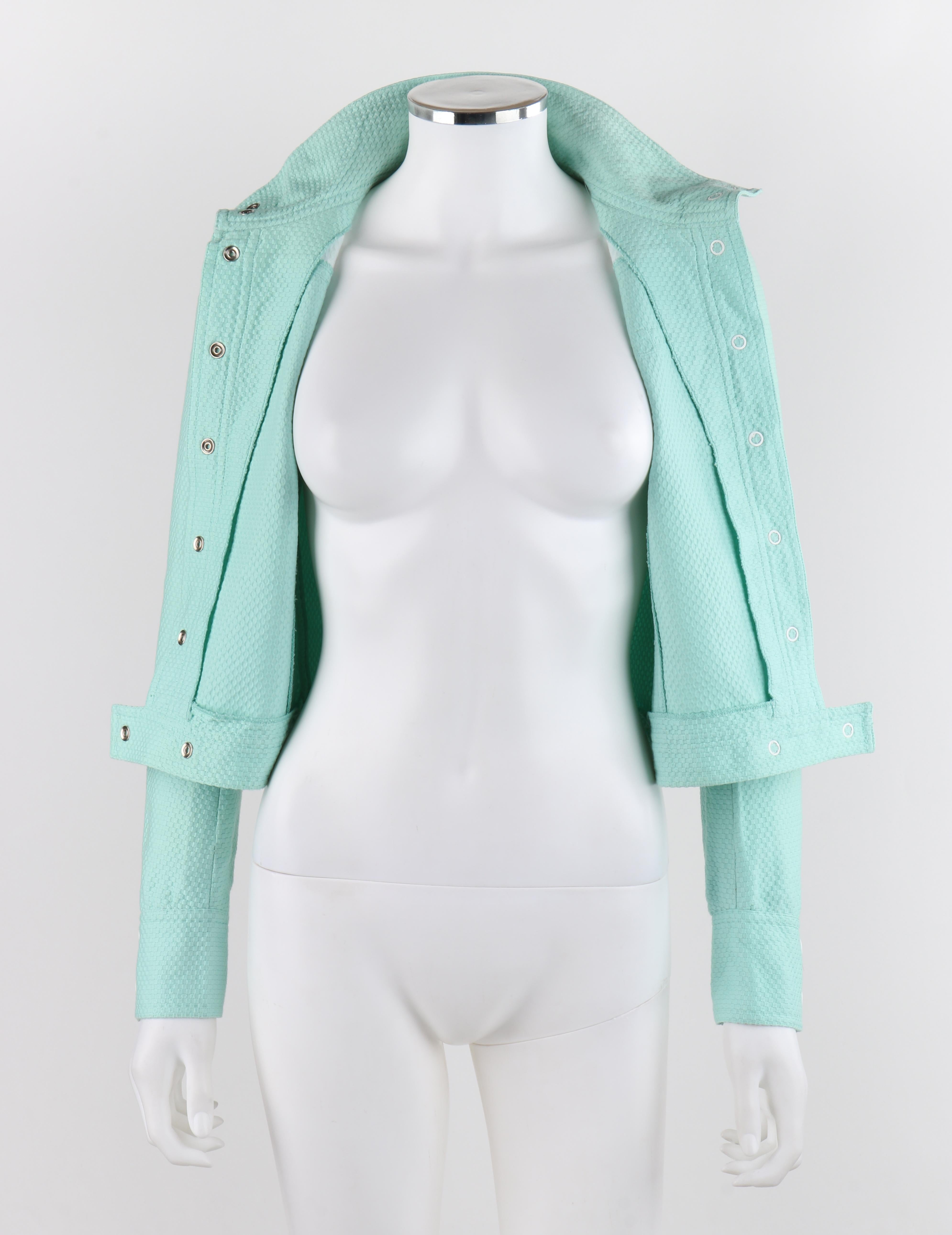 COURREGES c.1970’s Mint Blue Signature Logo Mod Cropped Jacket In Good Condition For Sale In Thiensville, WI