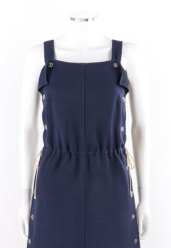 COURREGES c.1970’s Navy Blue Button Up Tie Cinch Waist Sleeveless Jumper Dress