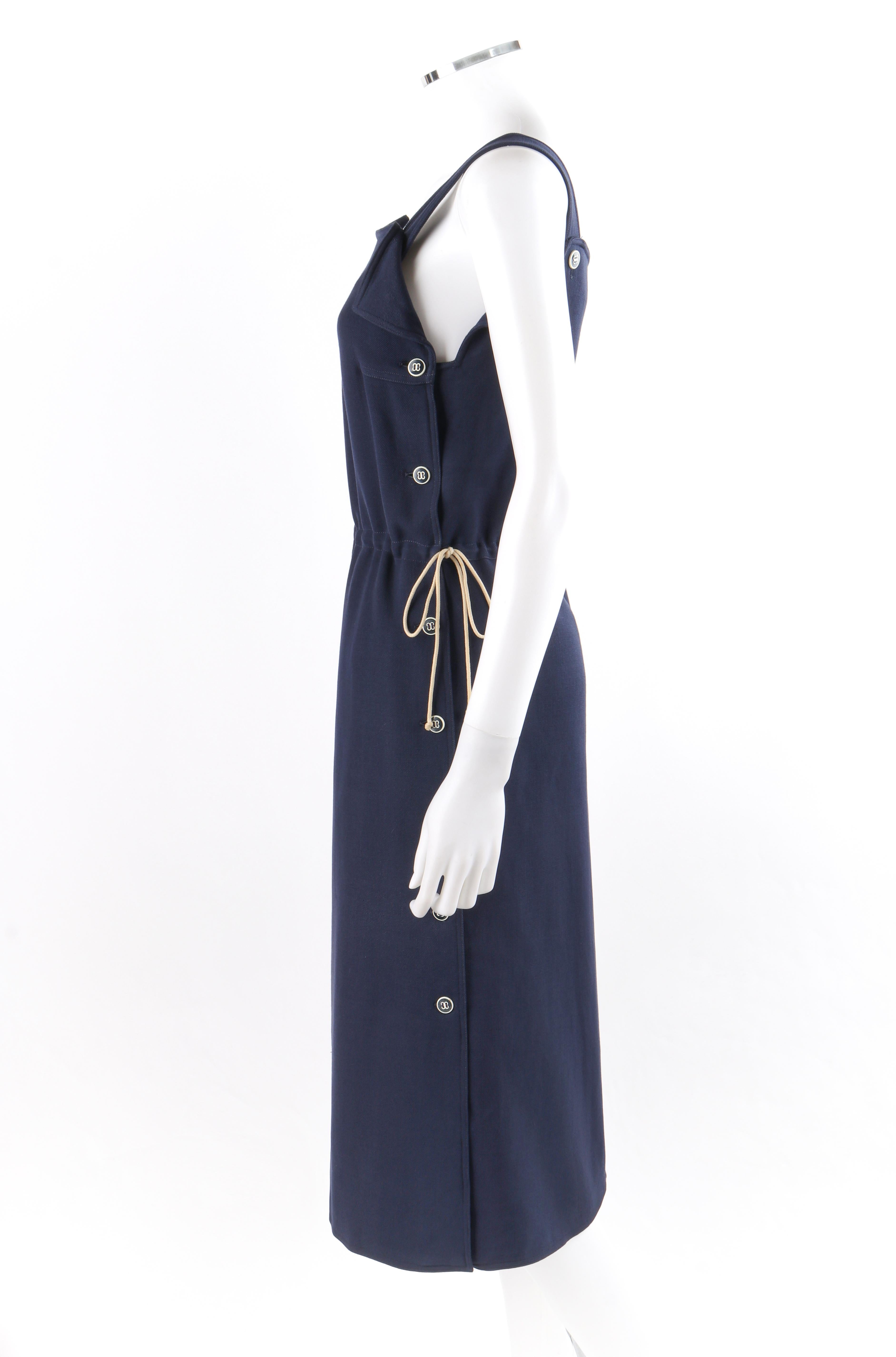 Black COURREGES c.1970’s Navy Blue Button Up Tie Cinch Waist Sleeveless Jumper Dress For Sale