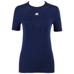 COURREGES c.1970's Navy Blue Knit Short Sleeve Crewneck Top Signature Logo
