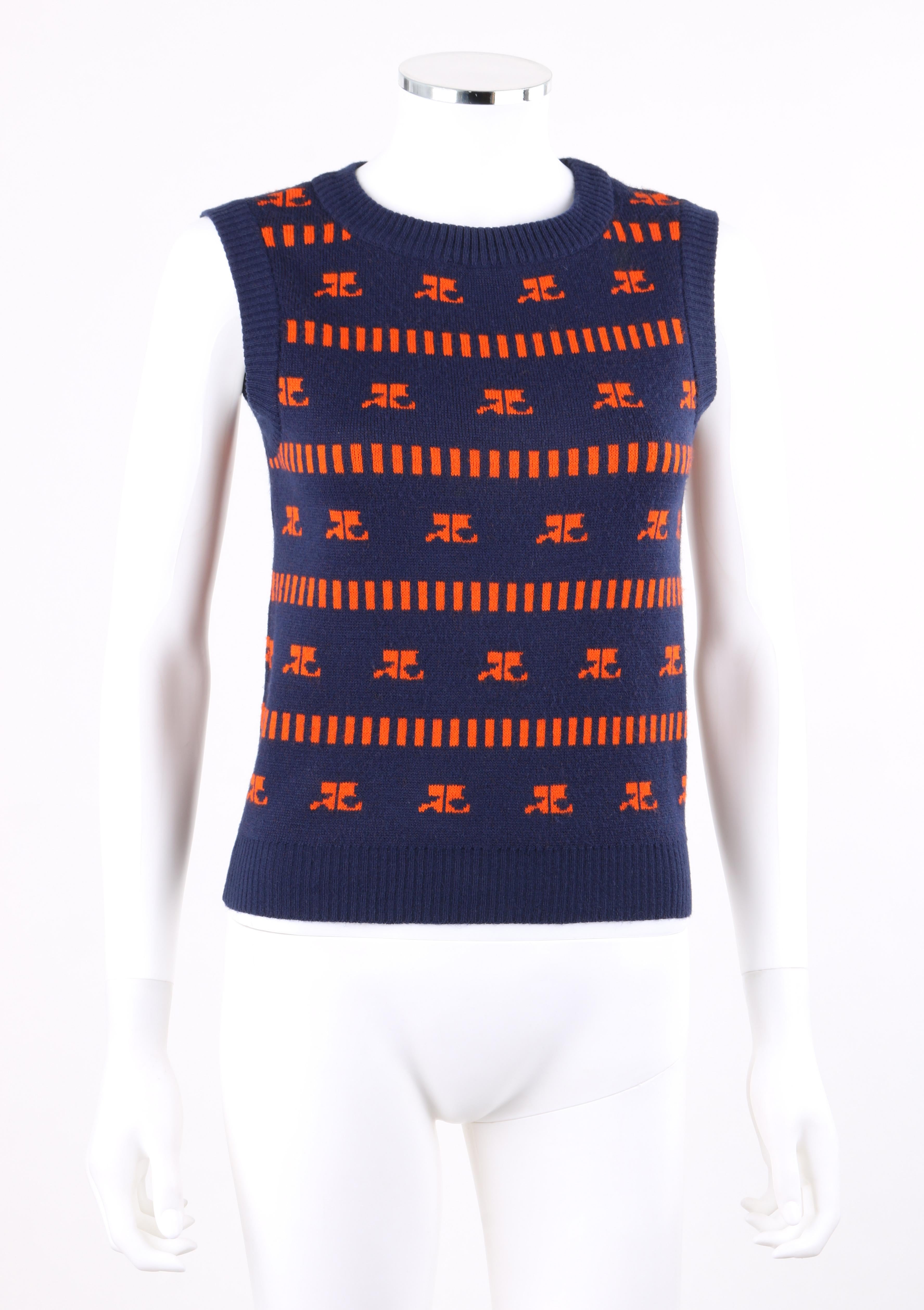 COURREGES c.1970s Navy & Orange Logo Signature Pattern Knit Sweater Vest
 
Circa: 1970’s
Label(s): Courrèges Paris
Designer: André Courrèges
Style: Sweater vest
Color(s): Shades of navy blue, orange (exterior, interior)
Lined: No
Marked Fabric