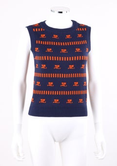 COURREGES c.1970 Navy & Orange Logo Signature Pattern Knit Gilet