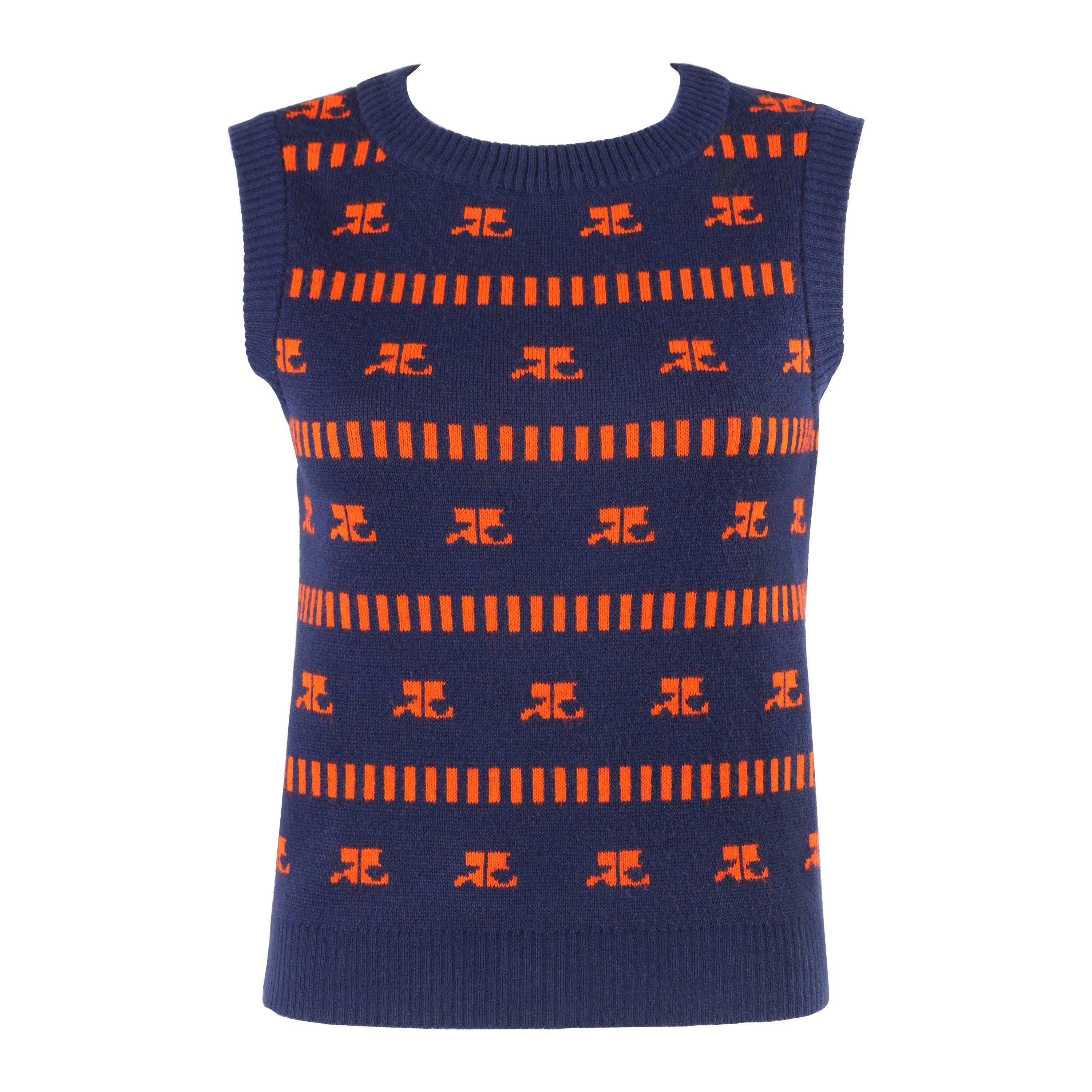 COURREGES c.1970s Navy & Orange Logo Signature Pattern Knit Sweater Vest For Sale