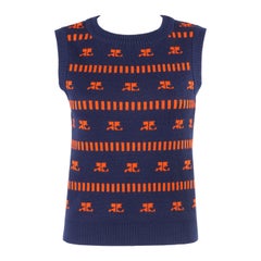 COURREGES c.1970s Navy & Orange Logo Signature Pattern Knit Sweater Vest