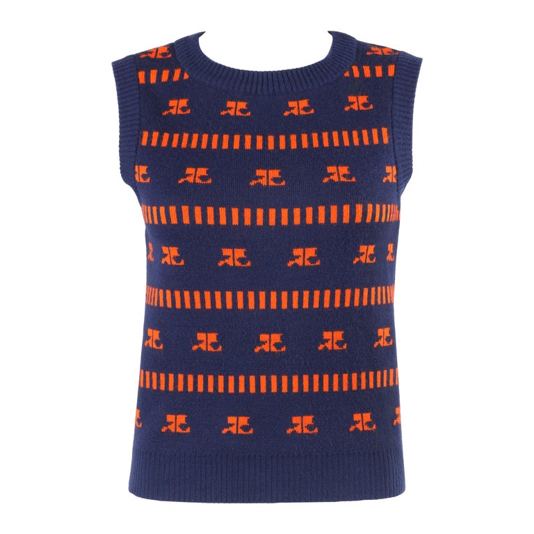 COURREGES c.1970s Navy and Orange Logo Signature Pattern Knit Sweater Vest  For Sale at 1stDibs | orange sweater vest