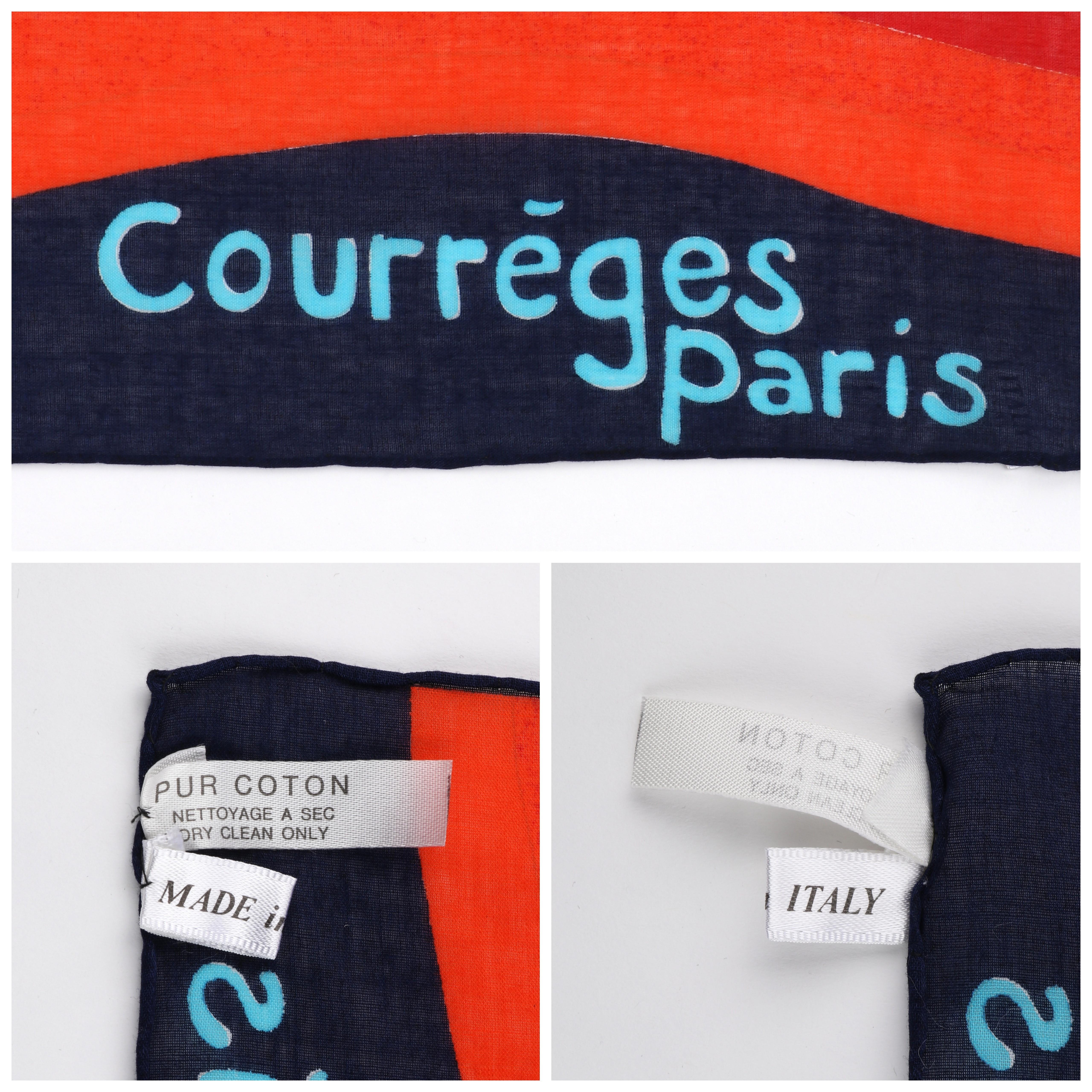COURREGES c.1970’s Orange Blue Red “Courreges Bonjour” Paris Print Square Scarf In Good Condition In Thiensville, WI