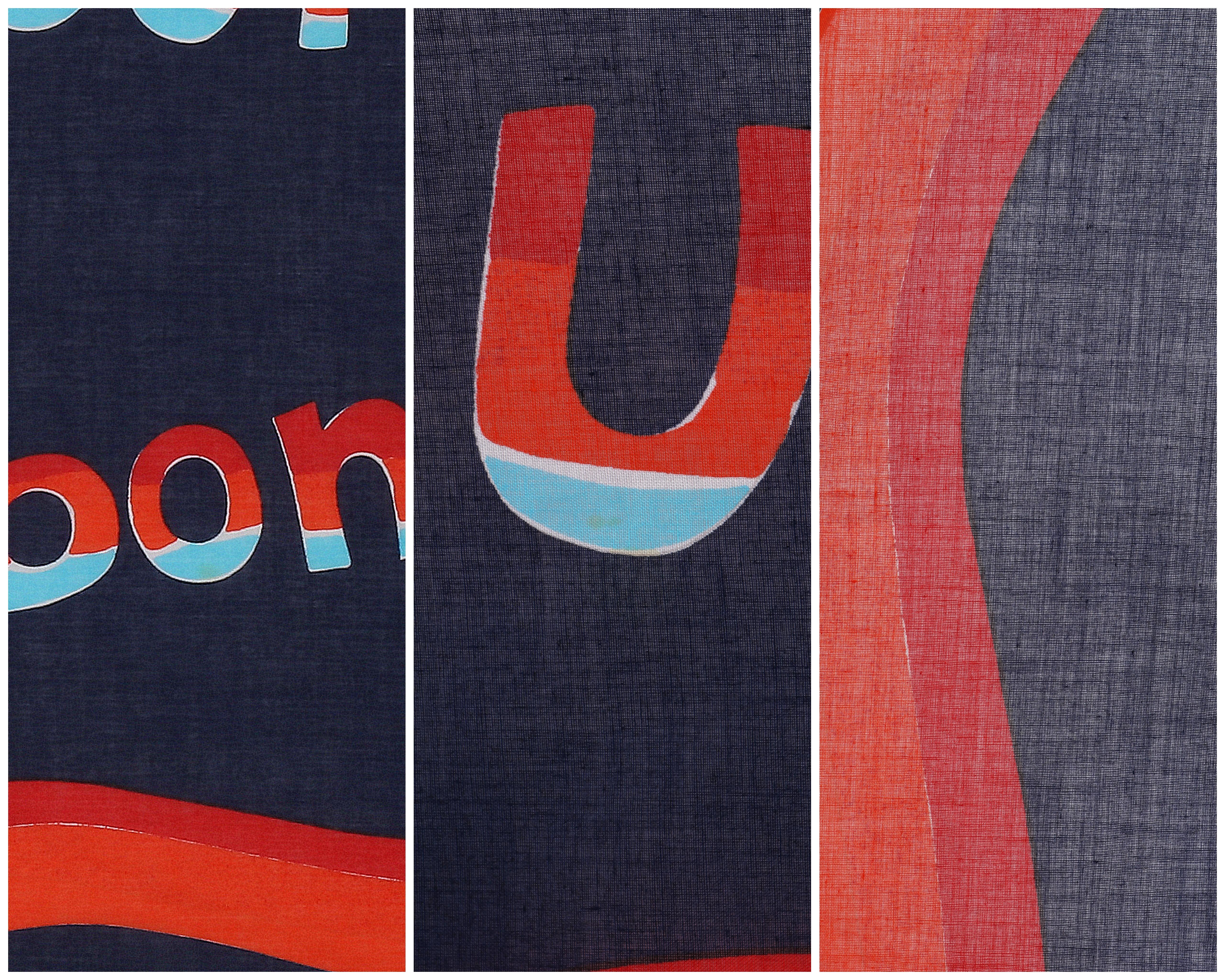 Women's or Men's COURREGES c.1970’s Orange Blue Red “Courreges Bonjour” Paris Print Square Scarf