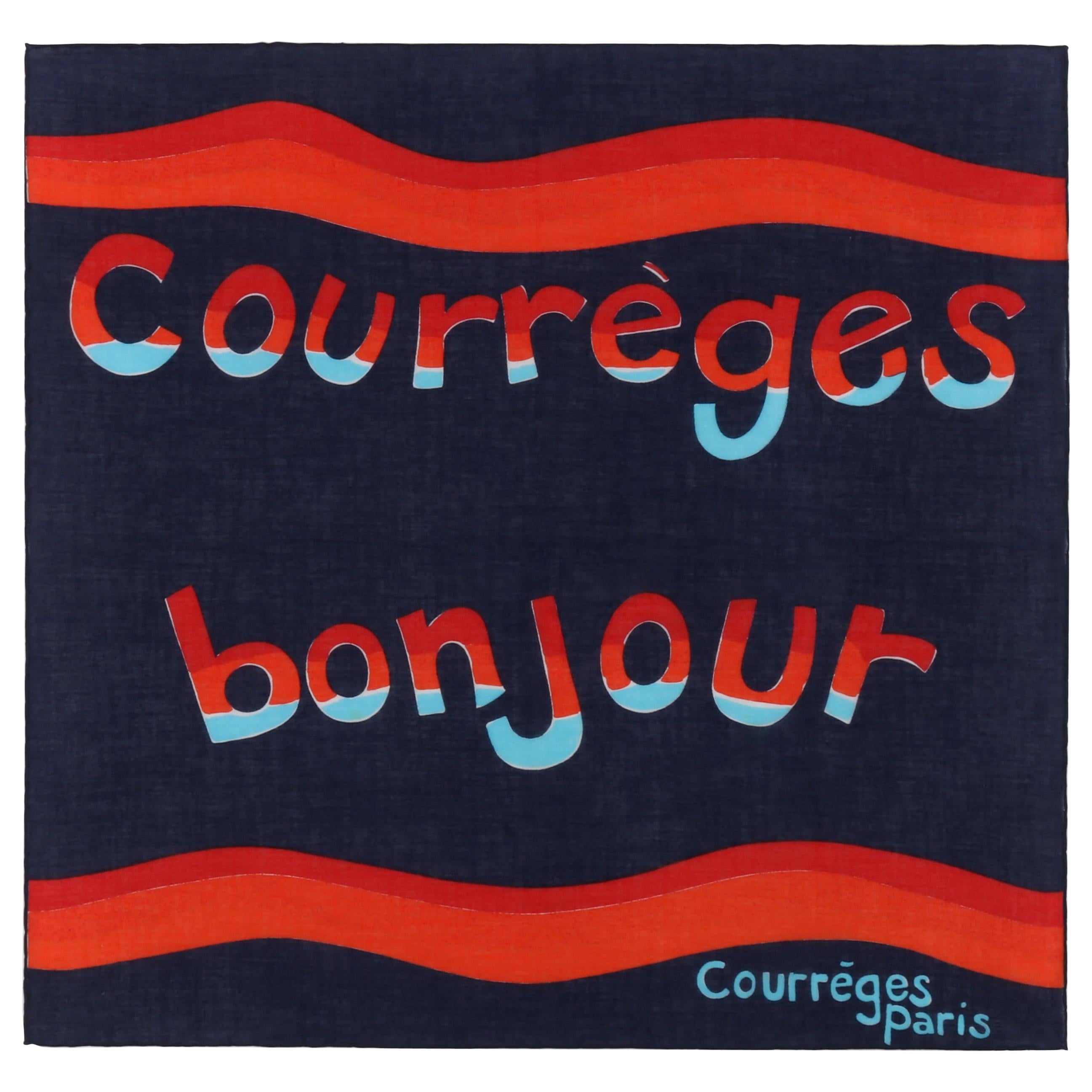COURREGES c.1970’s Orange Blue Red “Courreges Bonjour” Paris Print Square Scarf