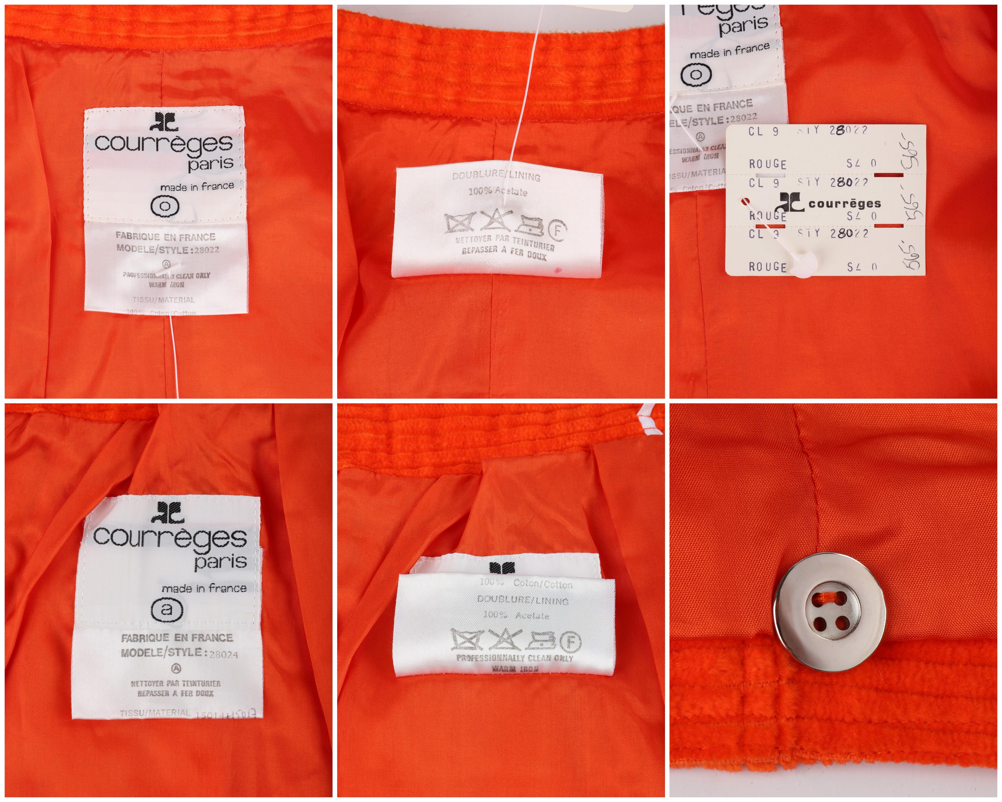 COURREGES c.1970's Orange Corduroy Button Up Jacket Blazer Skirt Suit Set w/Tags For Sale 9