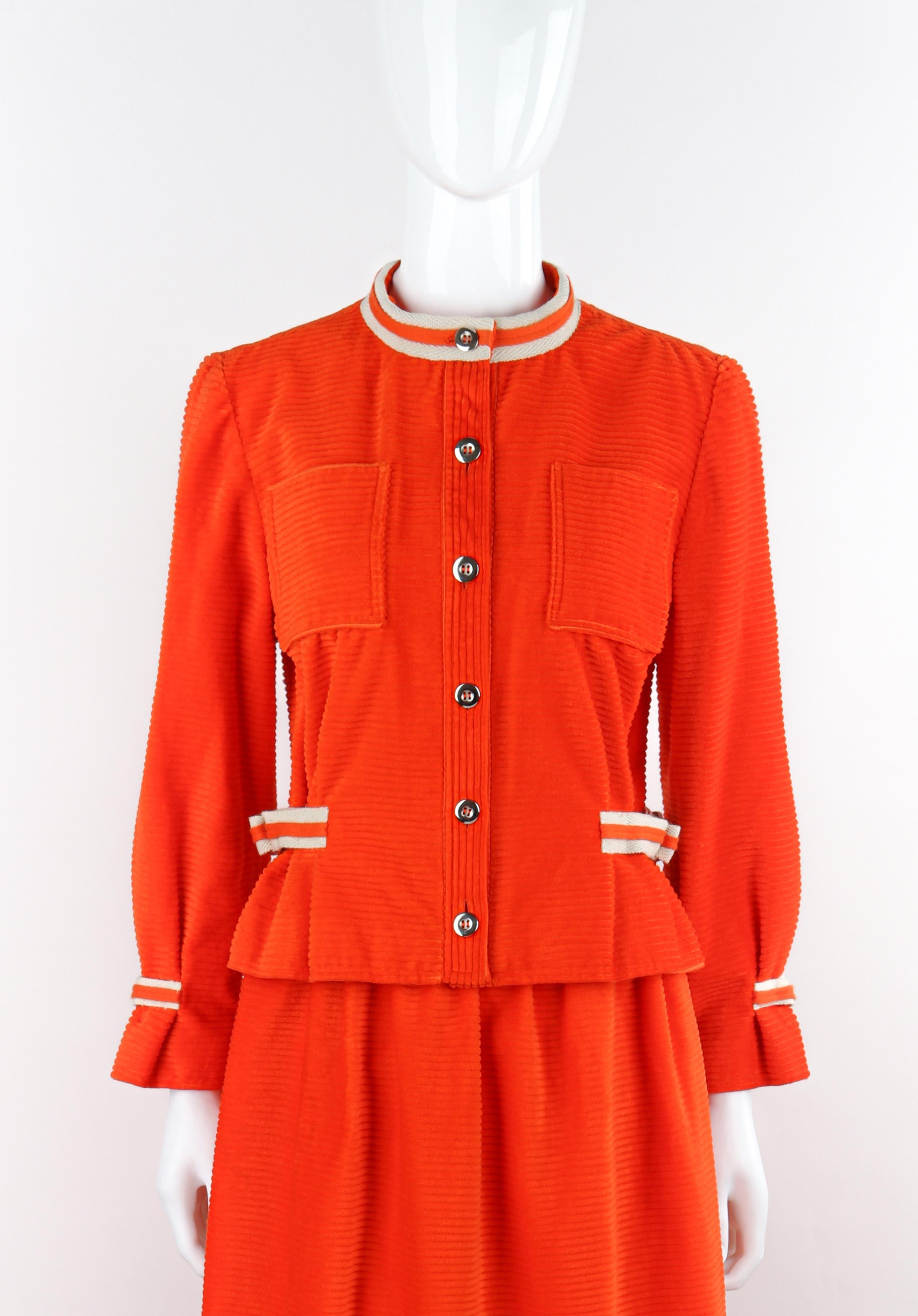 COURREGES c.1970's Orange Corduroy Button Up Jacket Blazer Skirt Suit Set w/Tags In Excellent Condition For Sale In Thiensville, WI