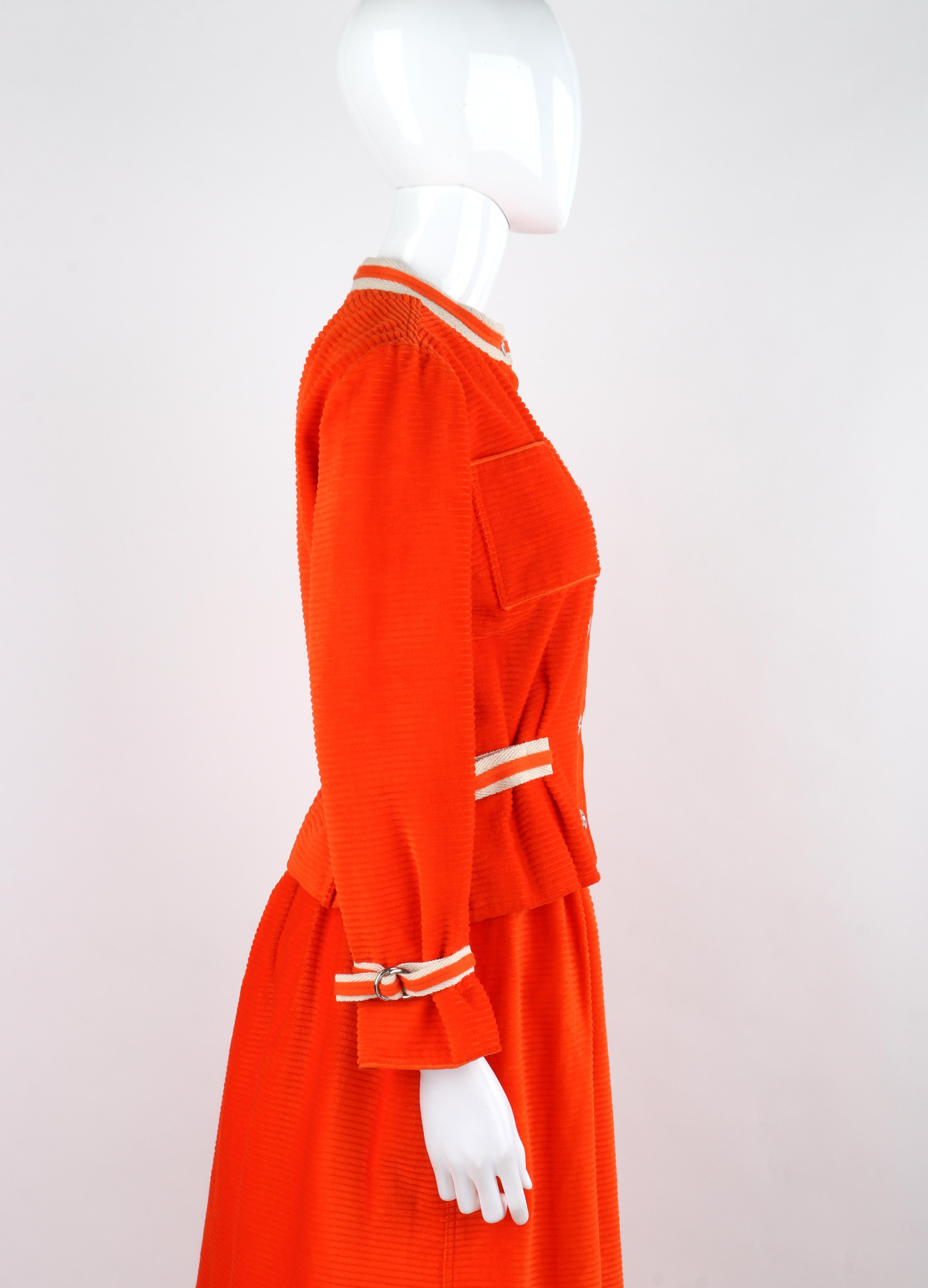 Women's COURREGES c.1970's Orange Corduroy Button Up Jacket Blazer Skirt Suit Set w/Tags For Sale