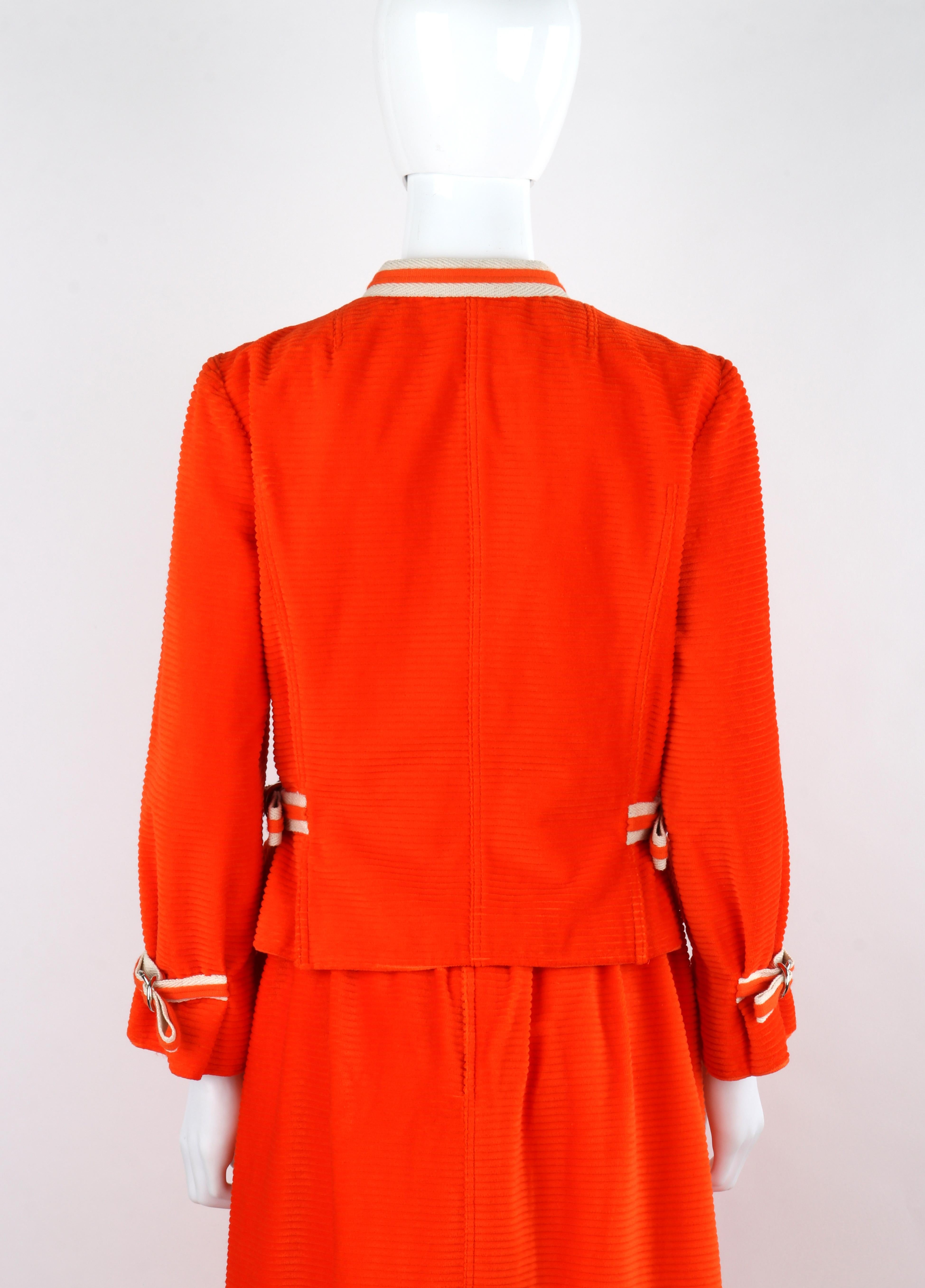 COURREGES c.1970's Orange Corduroy Button Up Jacket Blazer Skirt Suit Set w/Tags For Sale 1