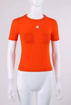 COURREGES c.1970's Orange Knit Short Sleeve Crewneck Top Signature Logo