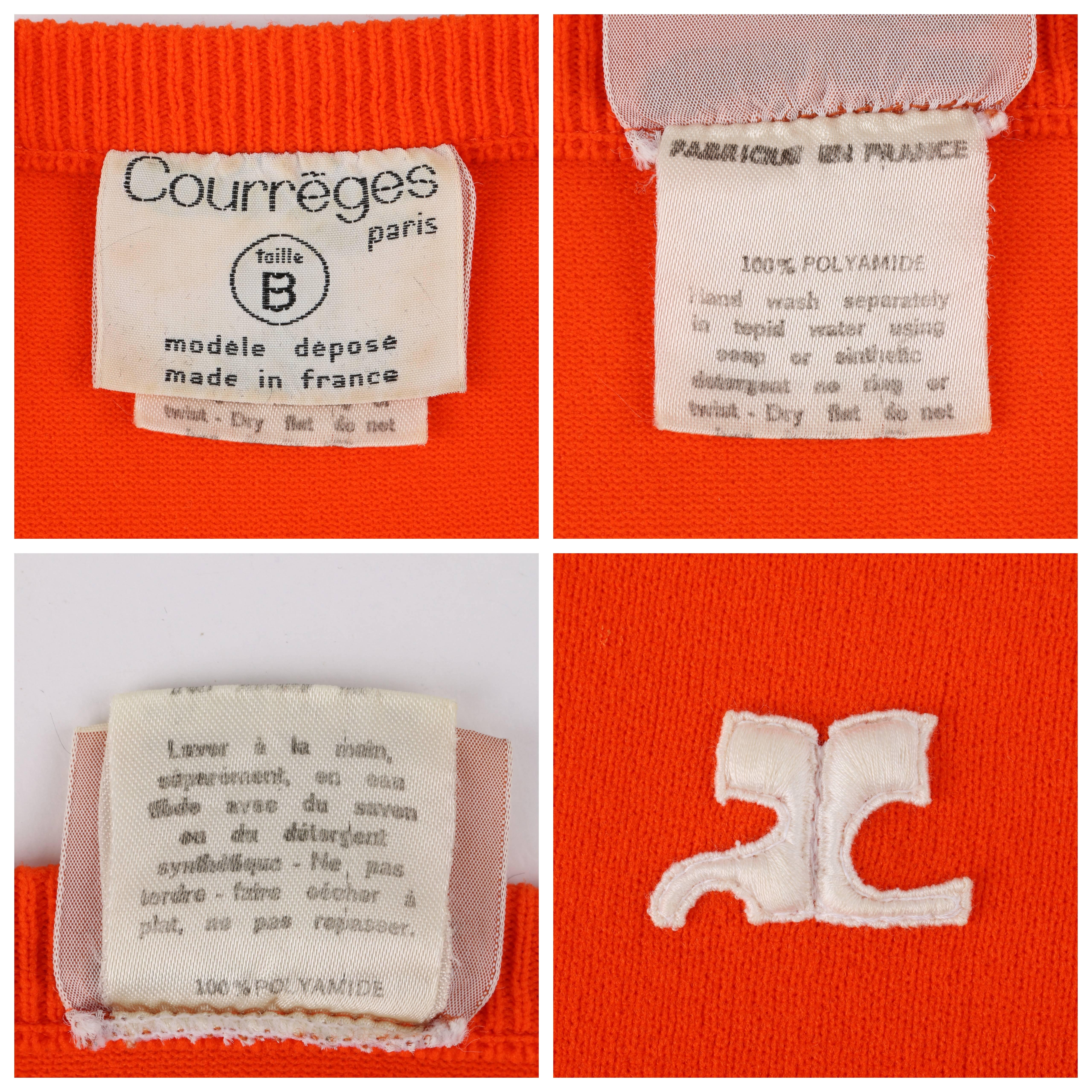 COURREGES c.1970's Orange Knit Short Sleeve Crewneck Top Signature Logo 1