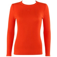 COURREGES c.1970’s Orange Rib Knit Embroidered Signature Logo Crew Neck Sweater