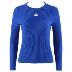 COURREGES c.1970's Royal Blue Rib Knit Signature Logo Crew Neck Sweater