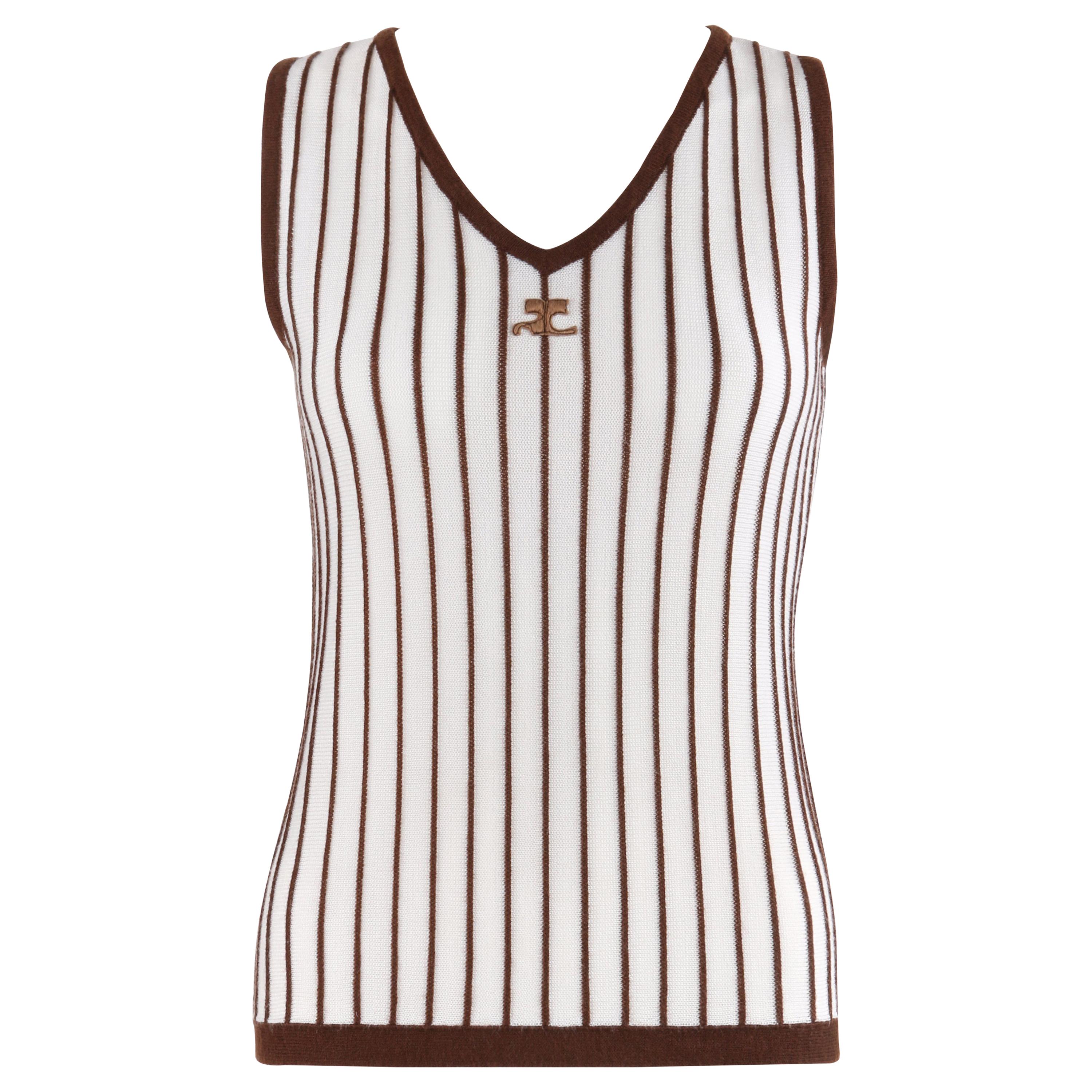 COURREGES c.1970's Sleeveless V-Neck Striped Knit Sweater Vest Tank Top