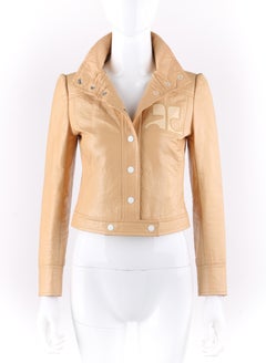 COURREGES c.1970's Tan Vinyl Faux Leather Mod Signature Logo Cropped Jacket