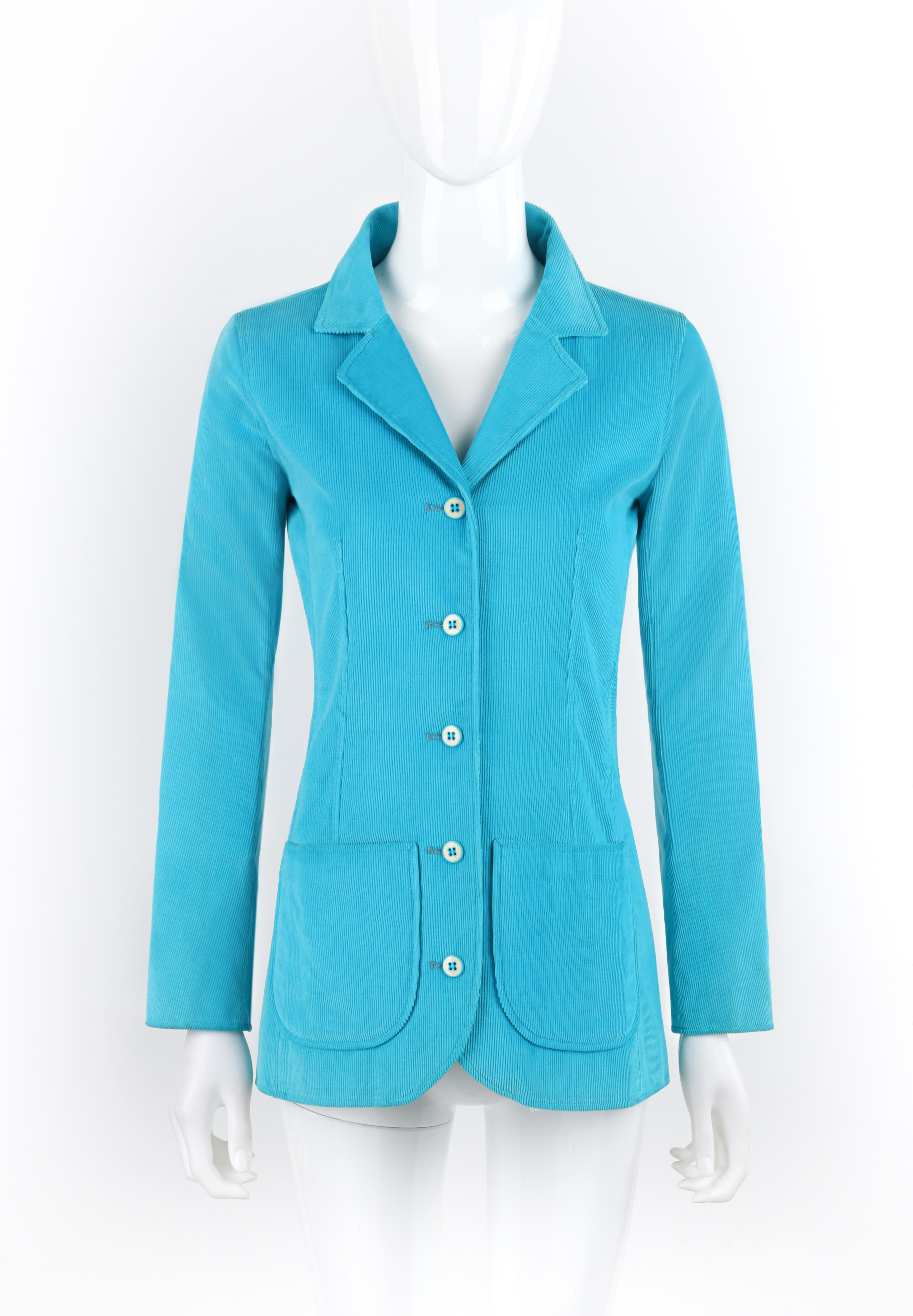 Brand / Manufacturer: Courreges
Circa: 1970s
Designer: Andre Courreges
Style: Blazer
Color(s): Shades of teal, white
Lined: Yes
Marked Fabric Content: 
