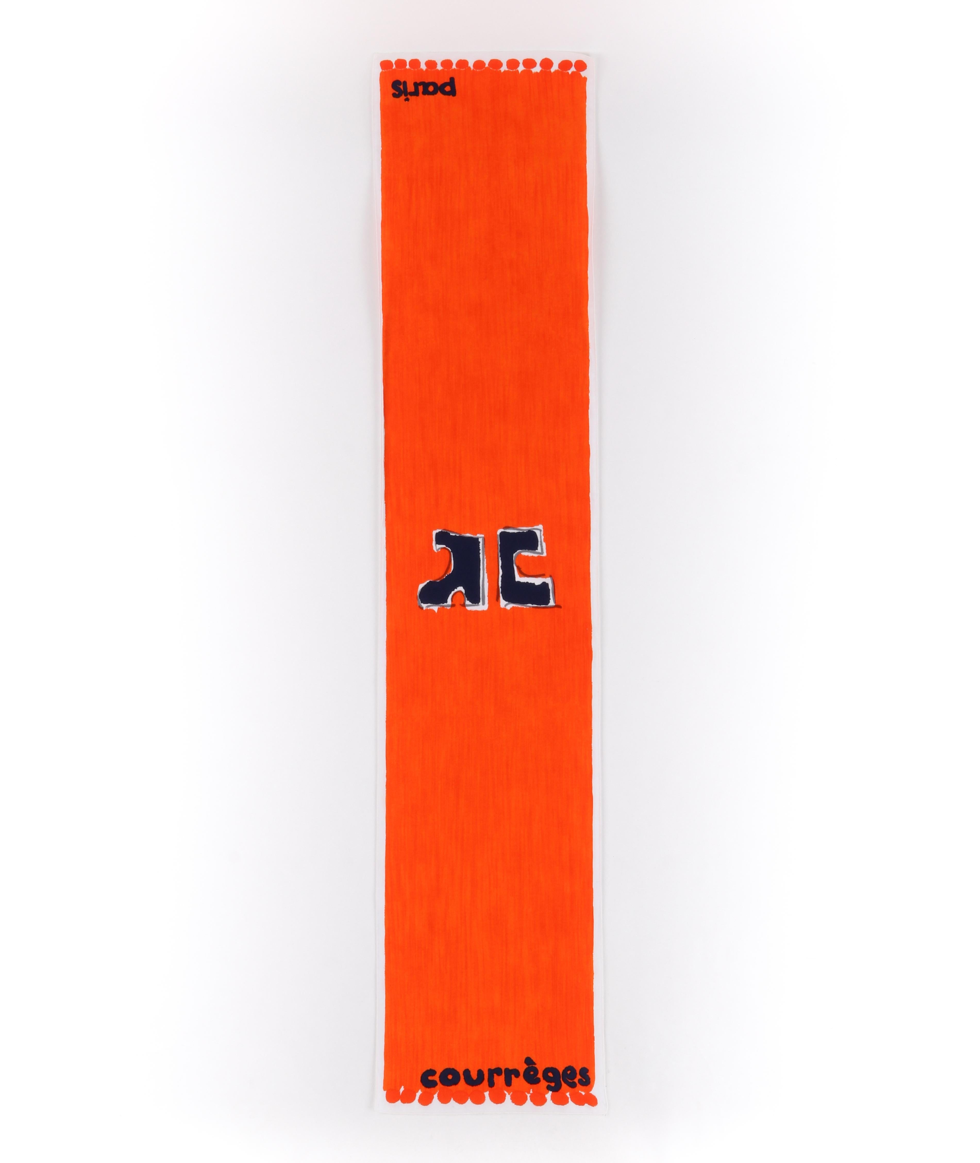 COURREGES c.1970s Trompe L'oeil Orange Blue Signature Logo Painting Oblong Scarf
 
Brand/Manufacturer: Courreges
Circa: 1970s
Designer: Andre Courreges
Style: Oblong scarf
Color(s): Shades of blue, orange, white
Lined: No
Marked Fabric Content: