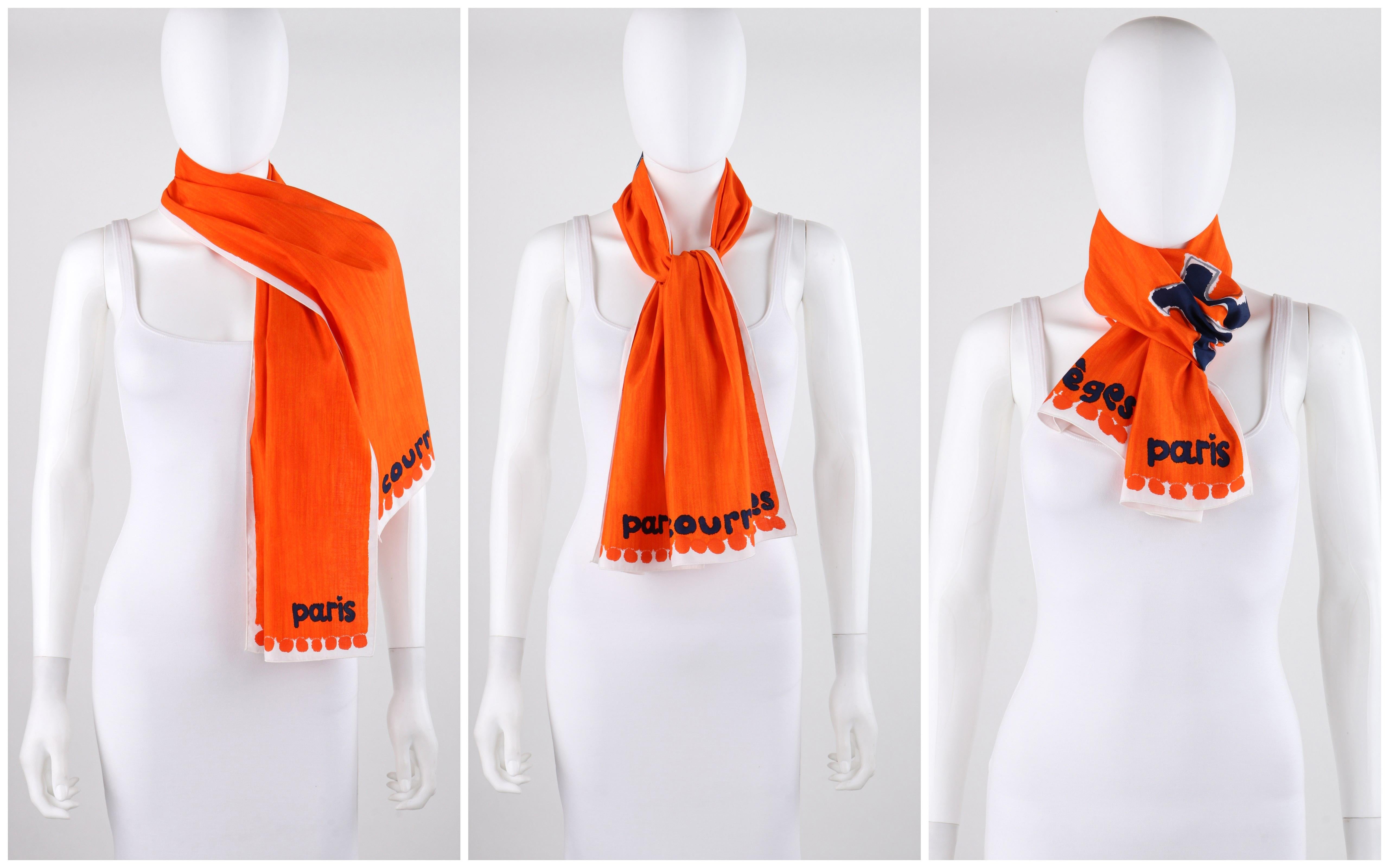 Red COURREGES c.1970s Trompe L'oeil Orange Blue Signature Logo Painted Oblong Scarf