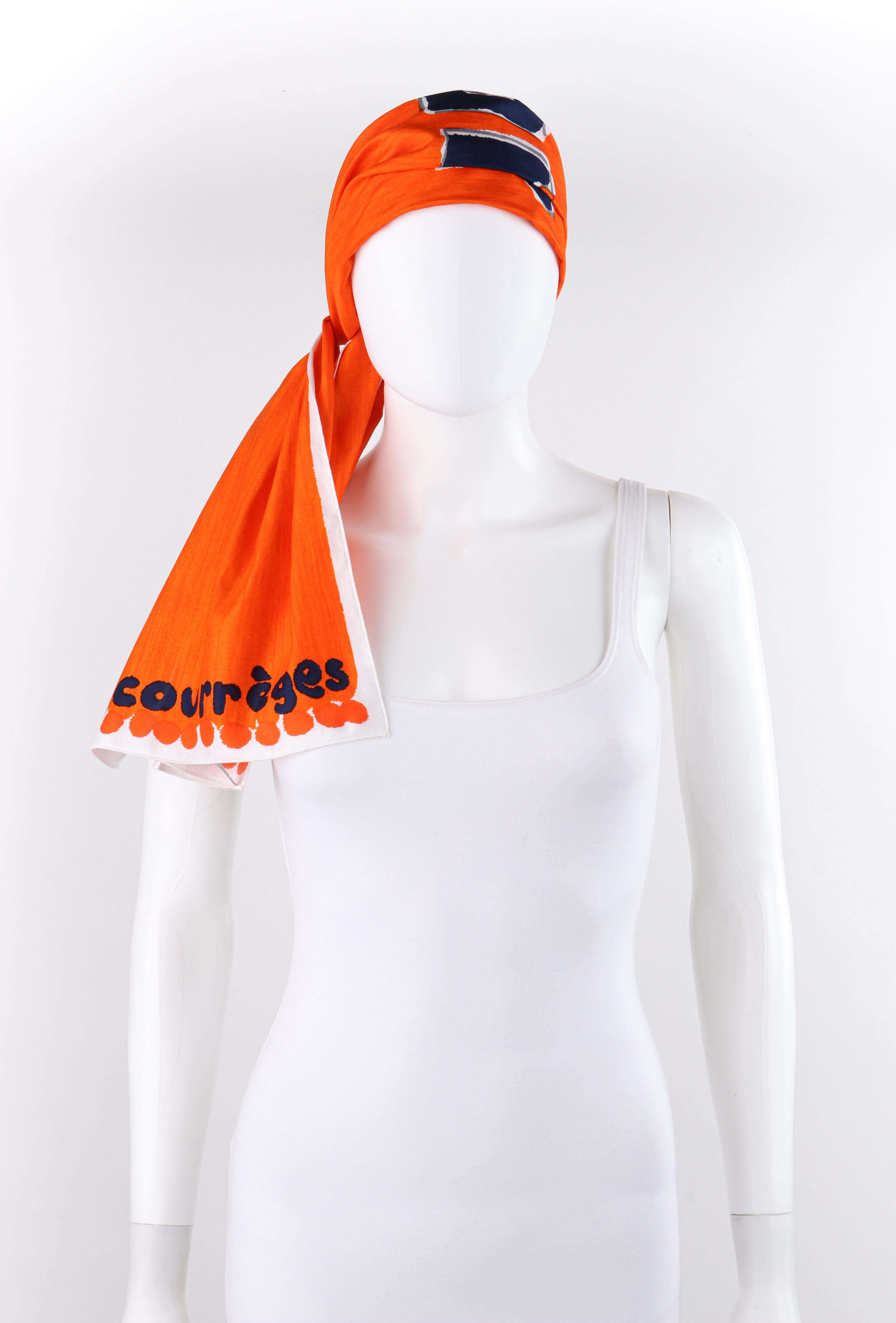 COURREGES c.1970s Trompe L'oeil Orange Blue Signature Logo Painted Oblong Scarf In Excellent Condition In Thiensville, WI