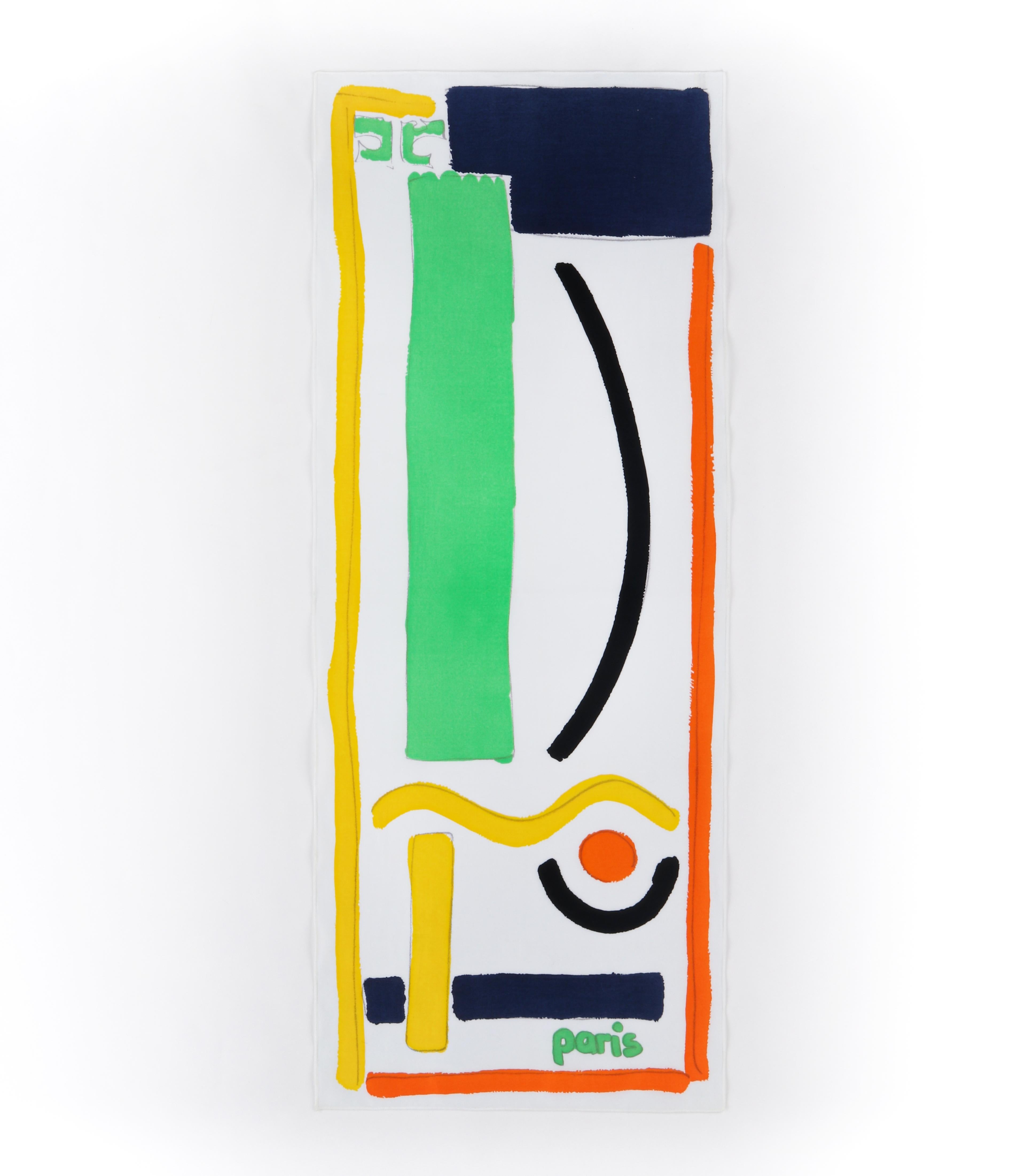 COURREGES c.1970’s White Abstract Painted Multicolor Shape Print Wrap Scarf
Circa: 1970’s
Brand/Manufacturer: Courreges
Designer: Andre Courreges
Style: Oblong wrap scarf
Color(s): Shades of white, green, blue, black and orange
Lined: No
Unmarked