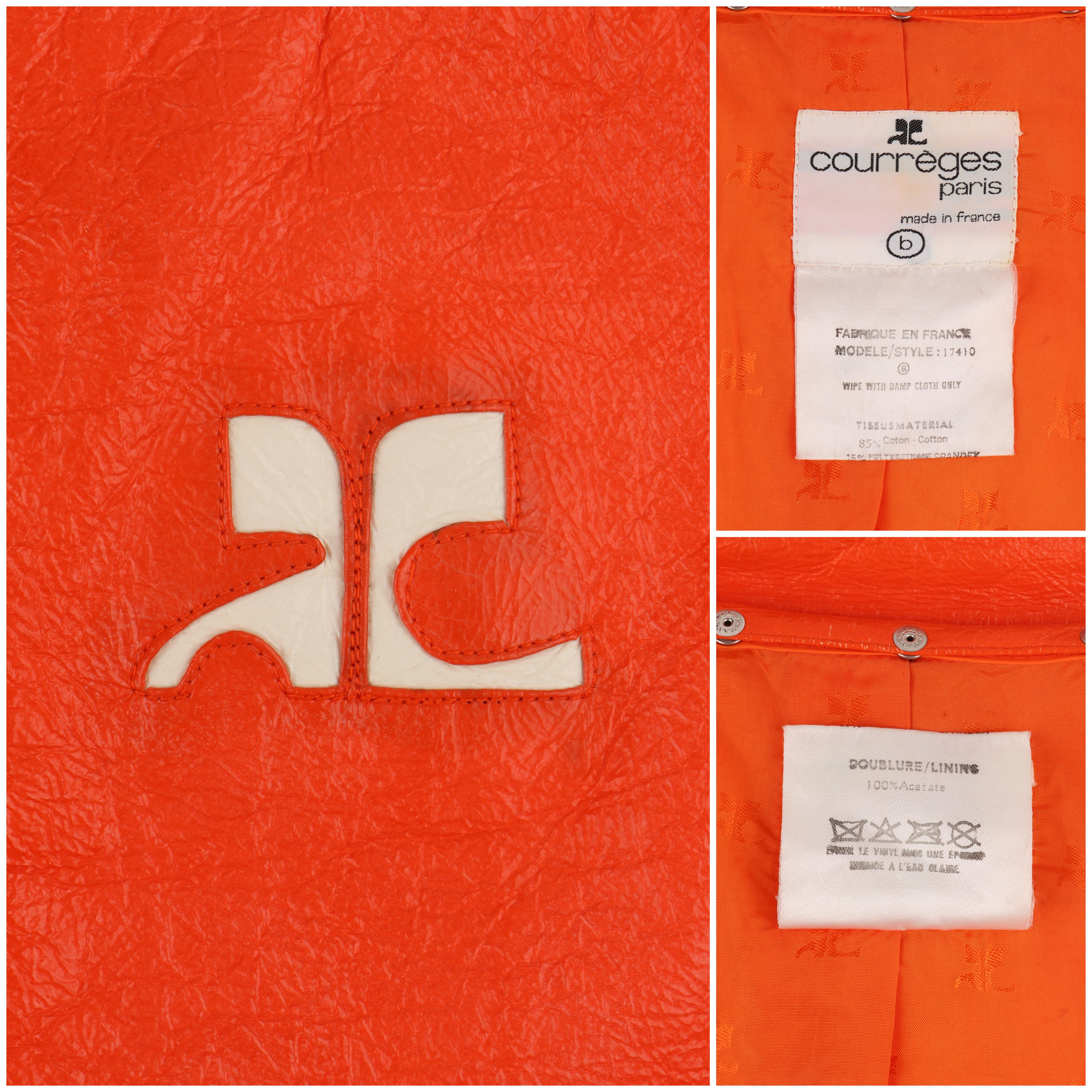 COURREGES c.1972 Orange Textured Vinyl Mod Signature Logo Trench Coat Jacket  5